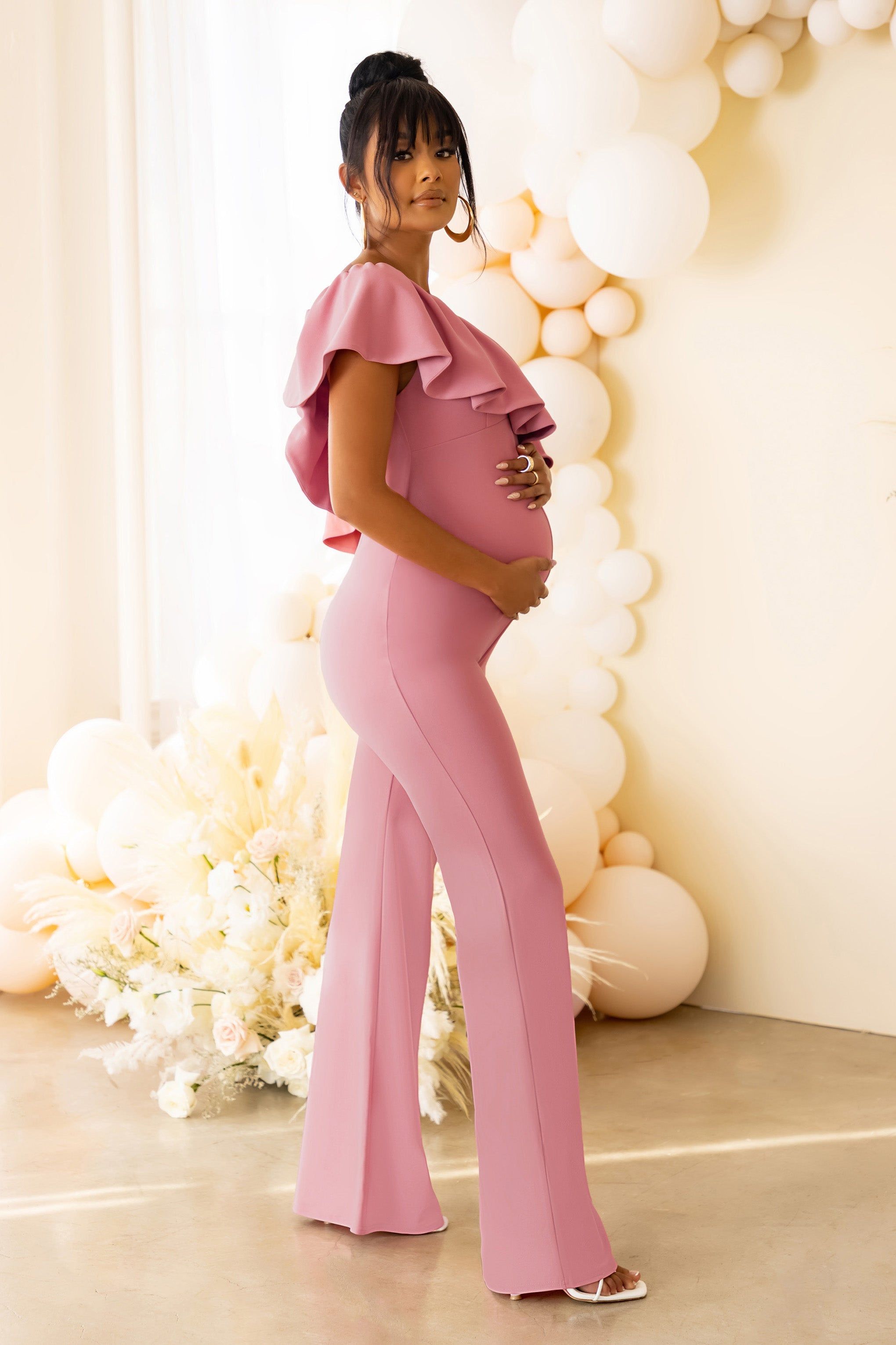 The Sweetest Gift | Dusty Rose Maternity One Shoulder Ruffle Jumpsuit sold by Club L London product image thumbnail 4