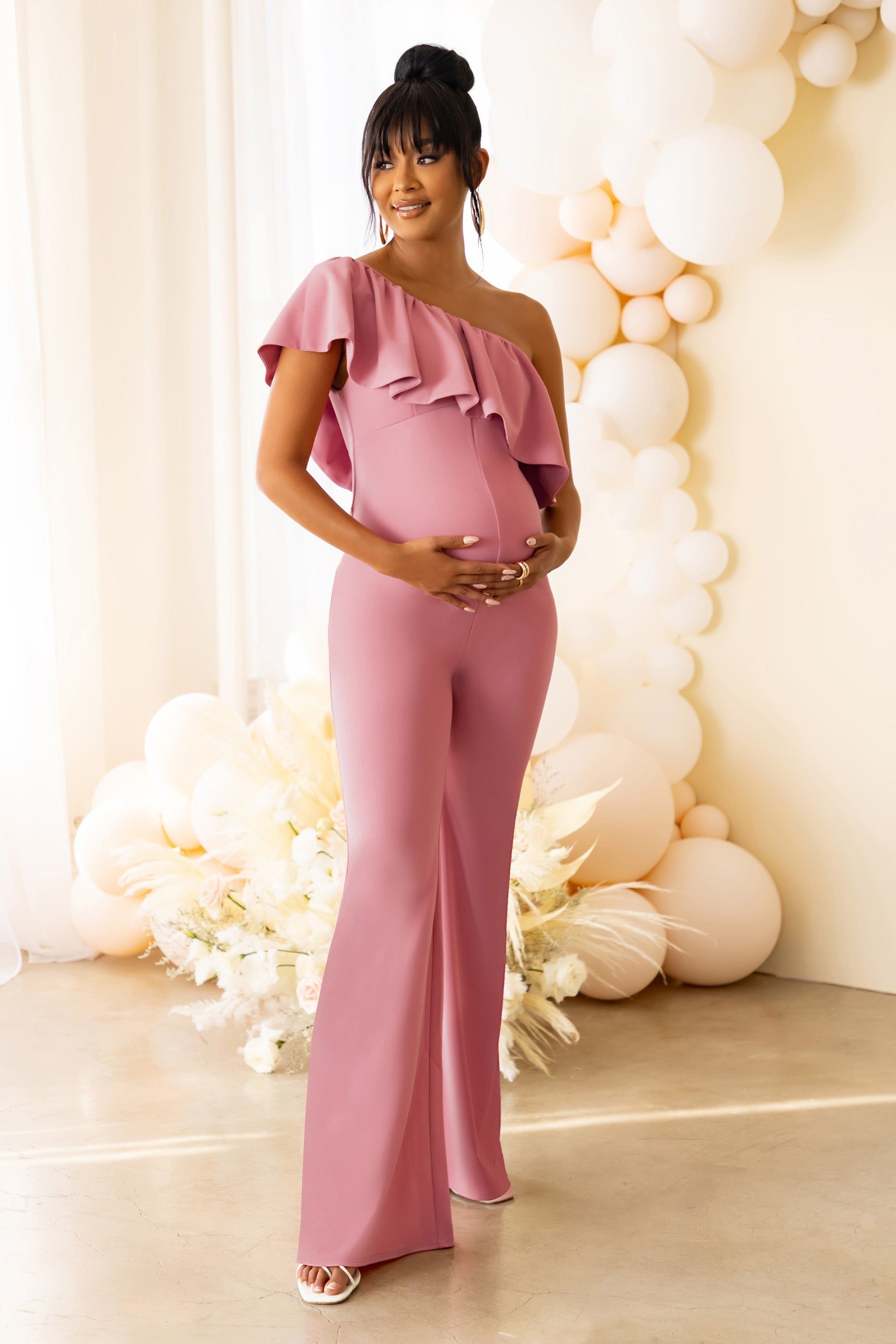 The Sweetest Gift | Dusty Rose Maternity One Shoulder Ruffle Jumpsuit sold by Club L London product image thumbnail 5