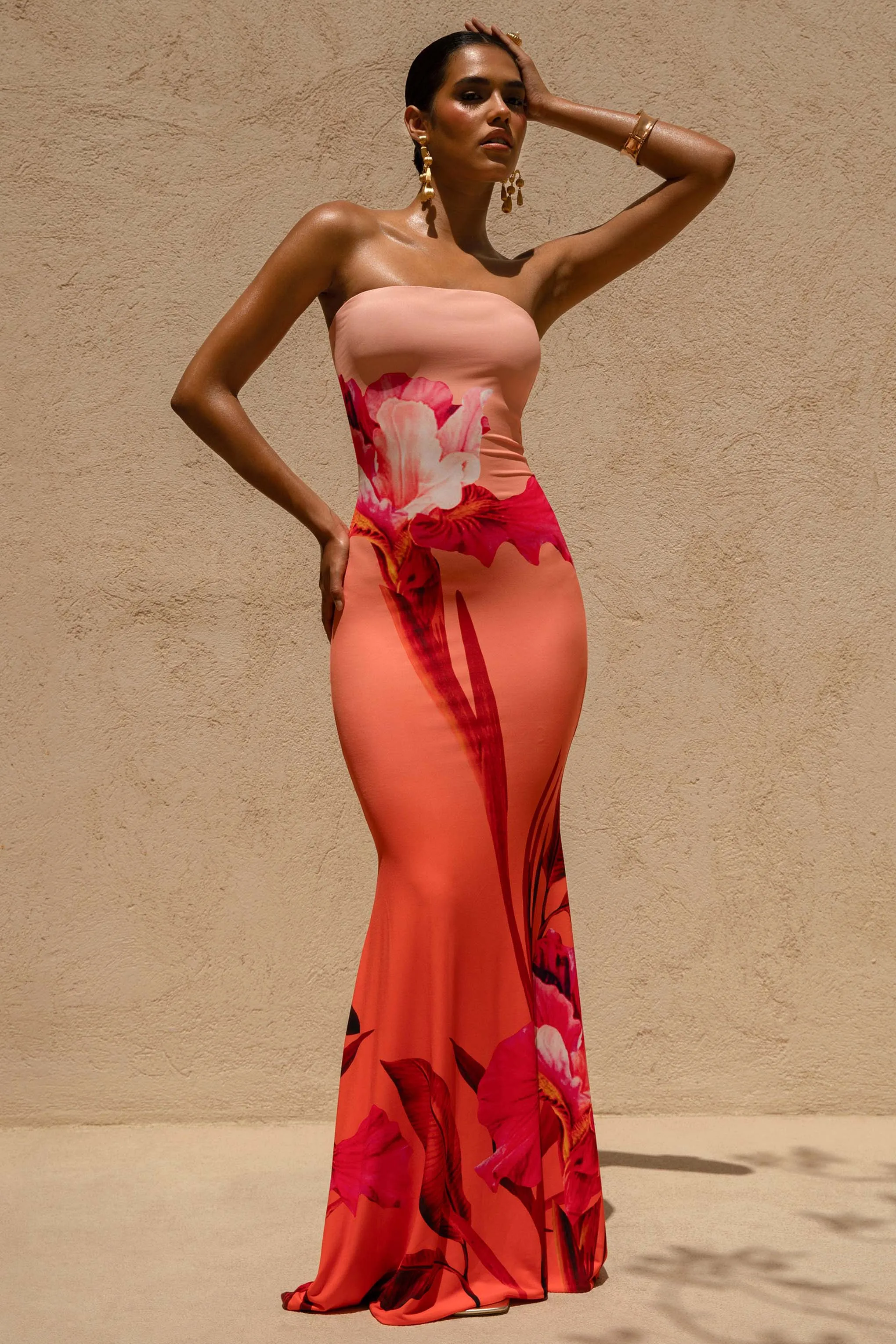 Ceremony | Pink Ombre Floral Print Bandeau Fishtail Maxi Dress sold by Club L London product image thumbnail 4