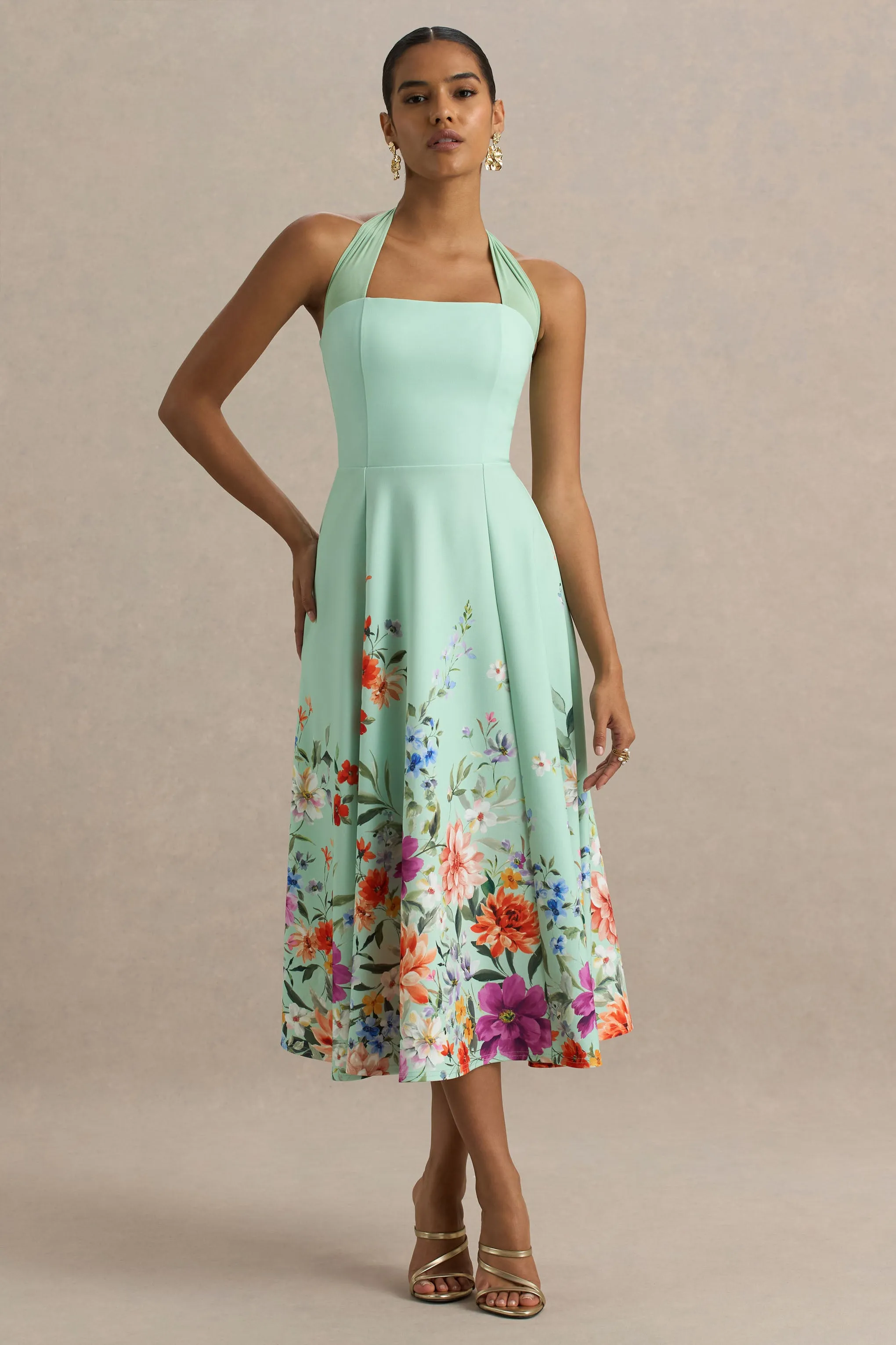 Auburn | Mint Placement Floral Halter-Neck Midi Dress sold by Club L London product image thumbnail 5