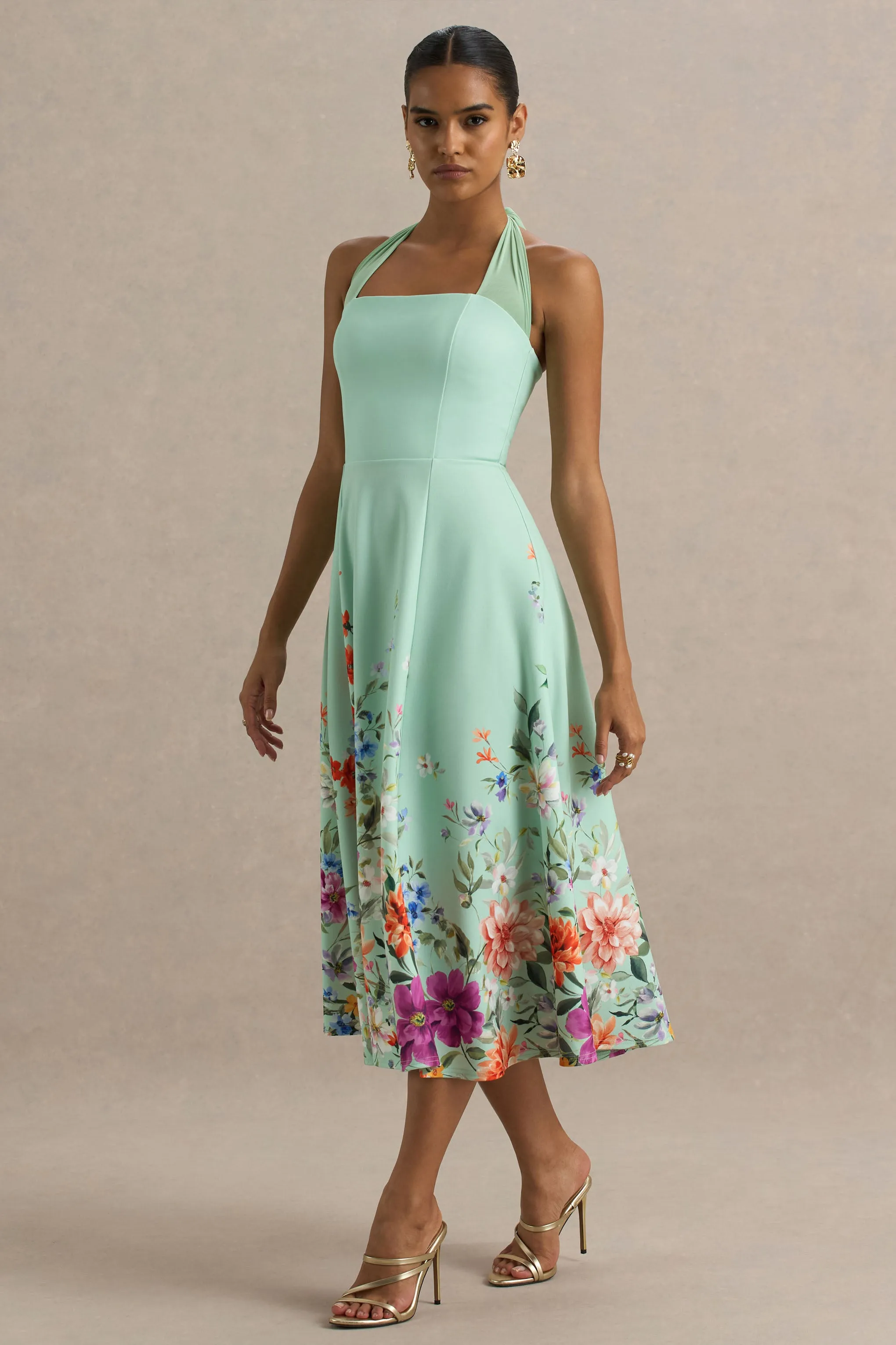 Auburn | Mint Placement Floral Halter-Neck Midi Dress sold by Club L London product image thumbnail 4