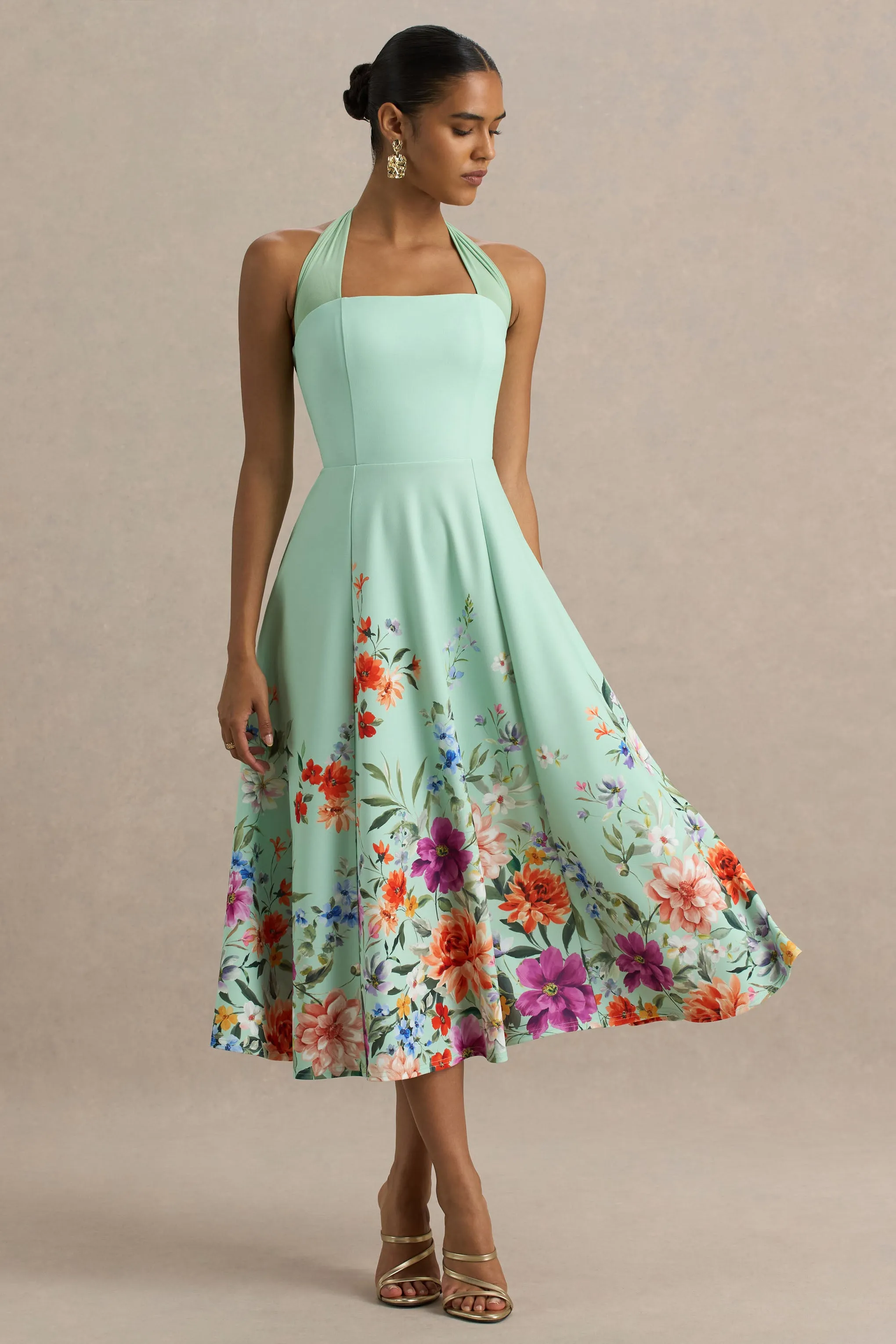 Auburn | Mint Placement Floral Halter-Neck Midi Dress sold by Club L London