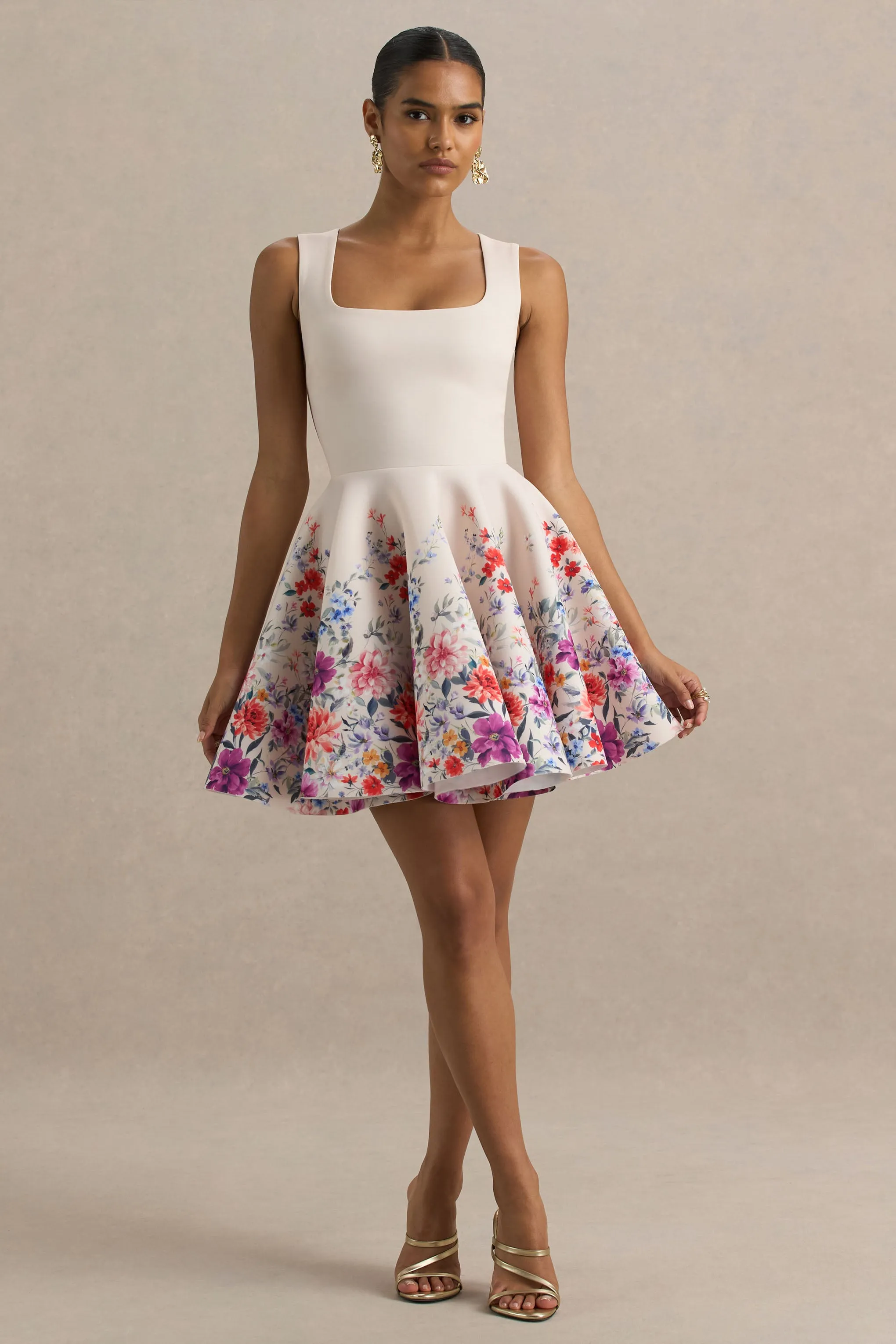 Gemstone | Light Pink Floral Print Square-Neck Skater Mini Dress sold by Club L London product image thumbnail 3