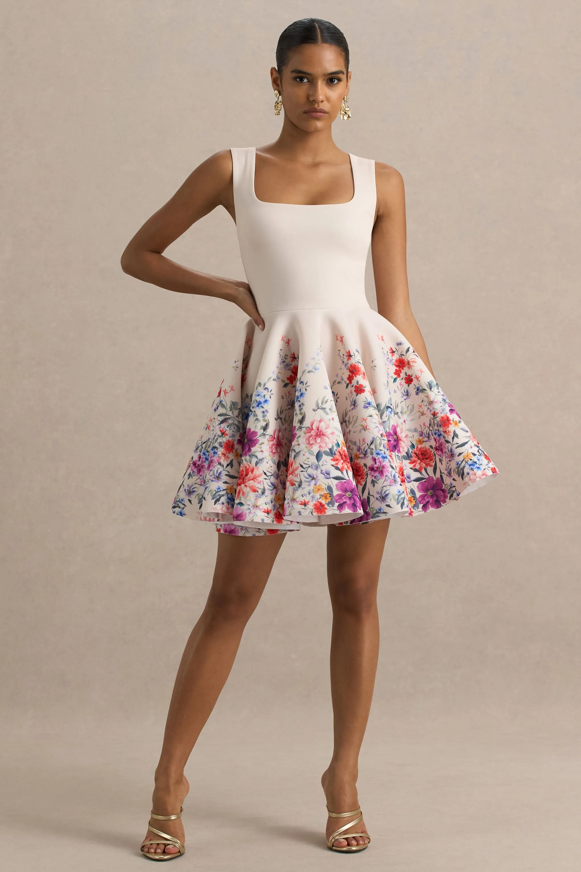 Gemstone | Light Pink Floral Print Square-Neck Skater Mini Dress sold by Club L London