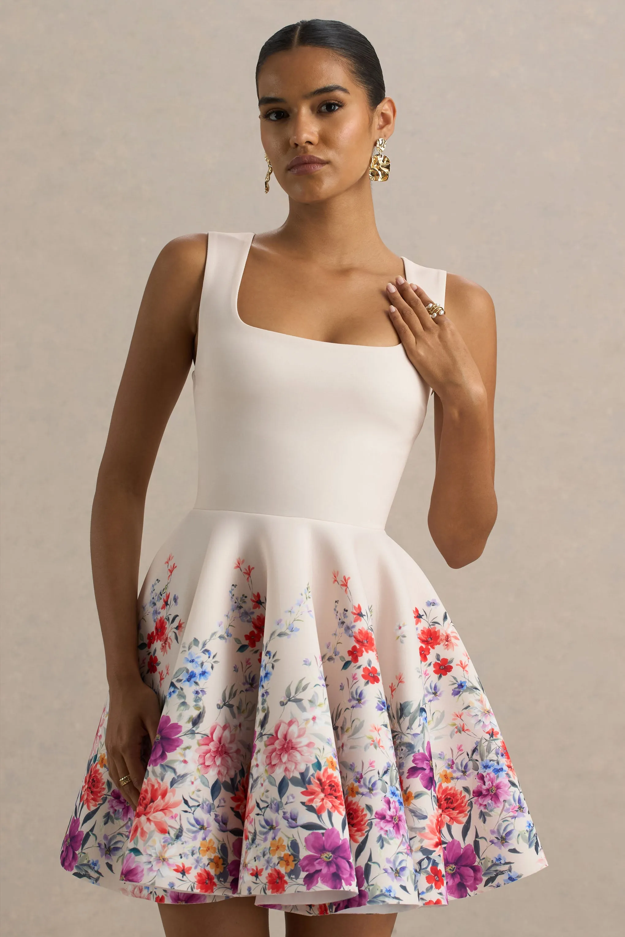 Gemstone | Light Pink Floral Print Square-Neck Skater Mini Dress sold by Club L London product image thumbnail 5