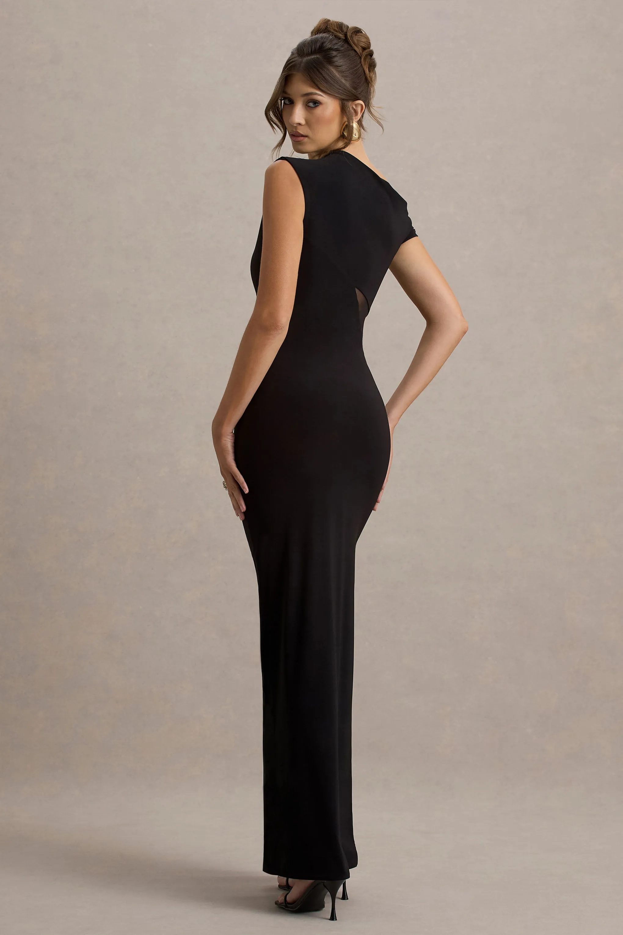 Emily | Black Asymmetric Split Maxi Dress With Mesh Detailing sold by Club L London product image thumbnail 2