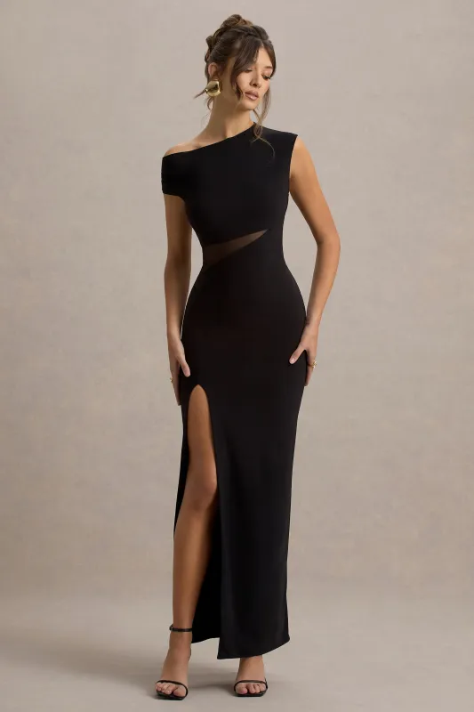 Emily | Black Asymmetric Split Maxi Dress With Mesh Detailing sold by Club L London