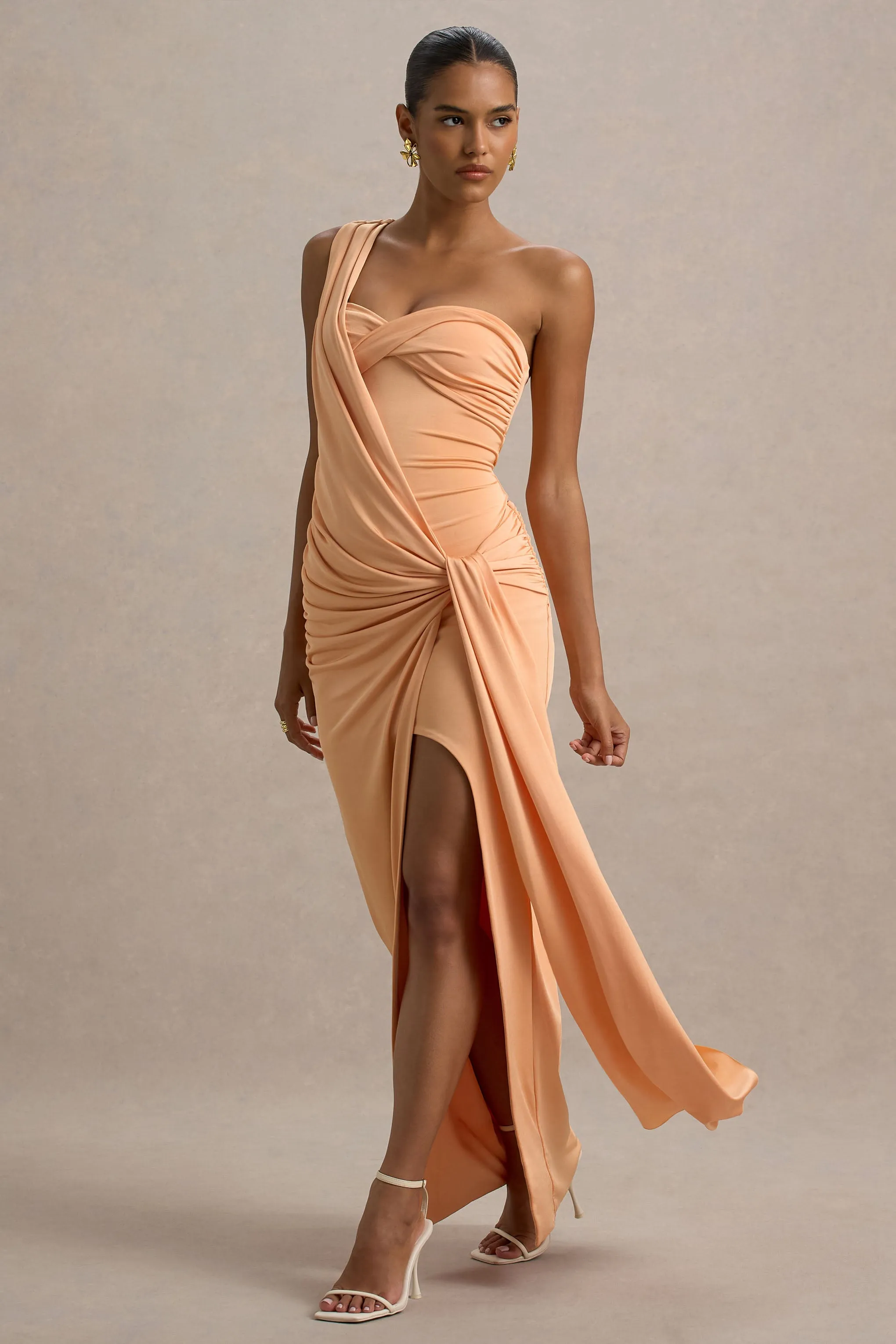 Erminia | Peach One-Shoulder Twist Wrap Maxi Dress sold by Club L London product image thumbnail 5