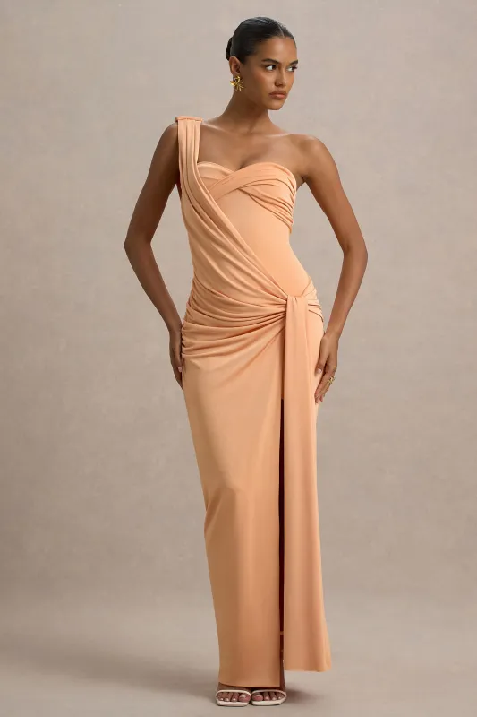 Erminia | Peach One-Shoulder Twist Wrap Maxi Dress sold by Club L London