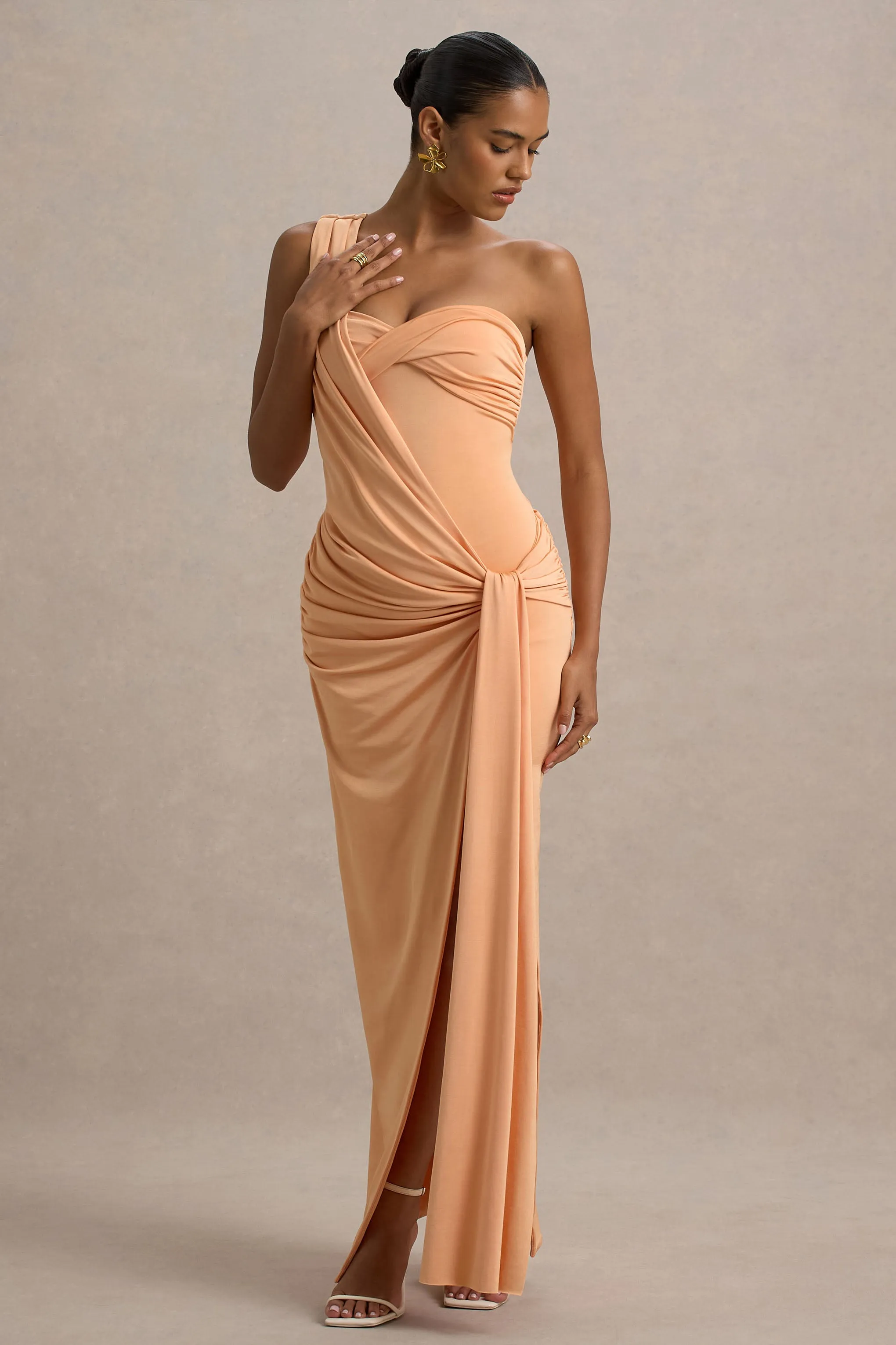 Erminia | Peach One-Shoulder Twist Wrap Maxi Dress sold by Club L London product image thumbnail 4
