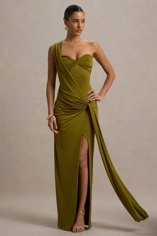 Erminia | Olive Green One-Shoulder Twist Wrap Maxi Dress sold by Club L London