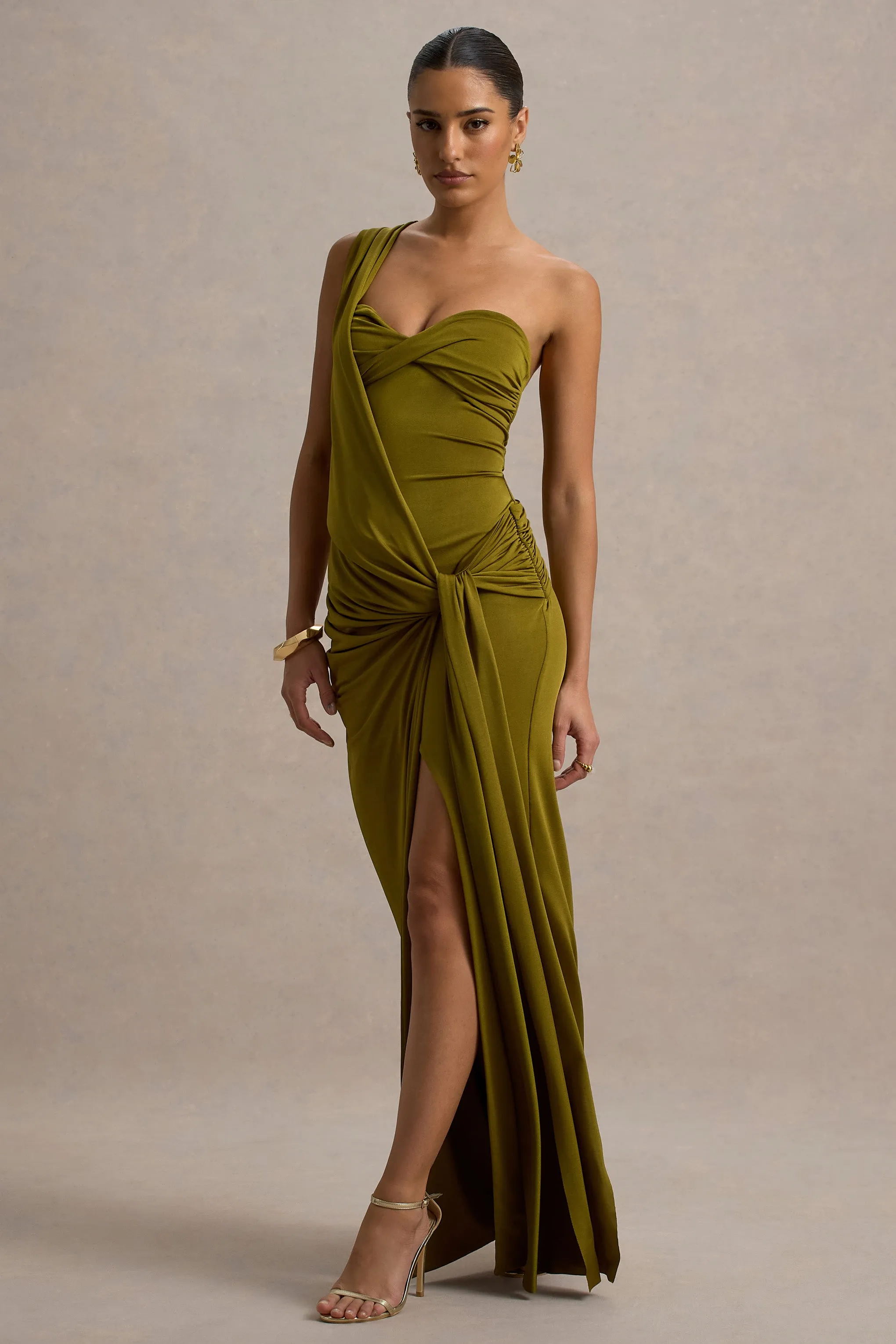 Erminia | Olive Green One-Shoulder Twist Wrap Maxi Dress sold by Club L London product image thumbnail 4