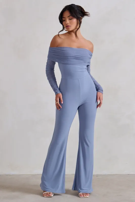 Whisper | Ice Blue Ruched Mesh Bardot Jumpsuit sold by Club L London
