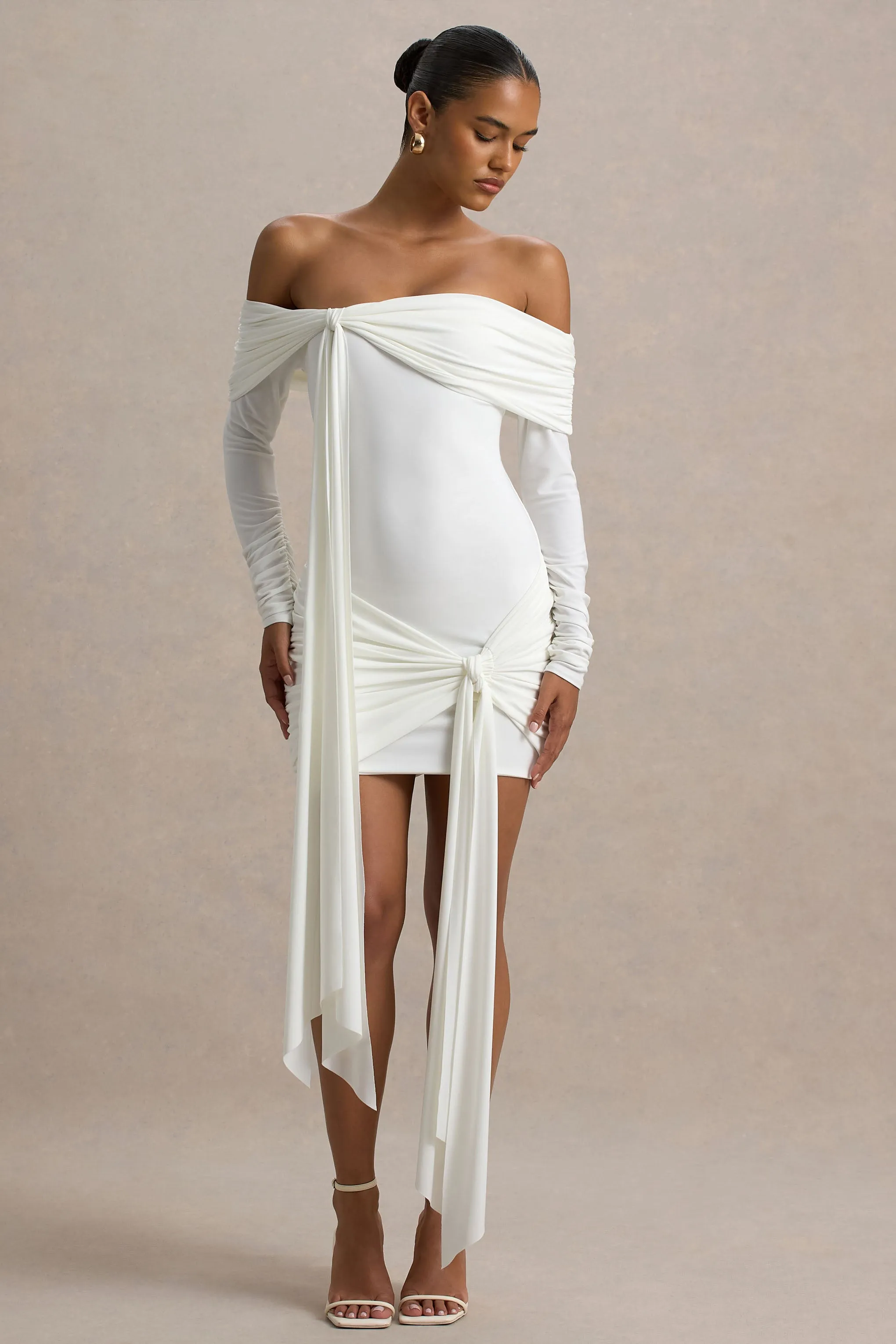 Essie | White Bardot Wrap Mini Dress With Sash Detail sold by Club L London