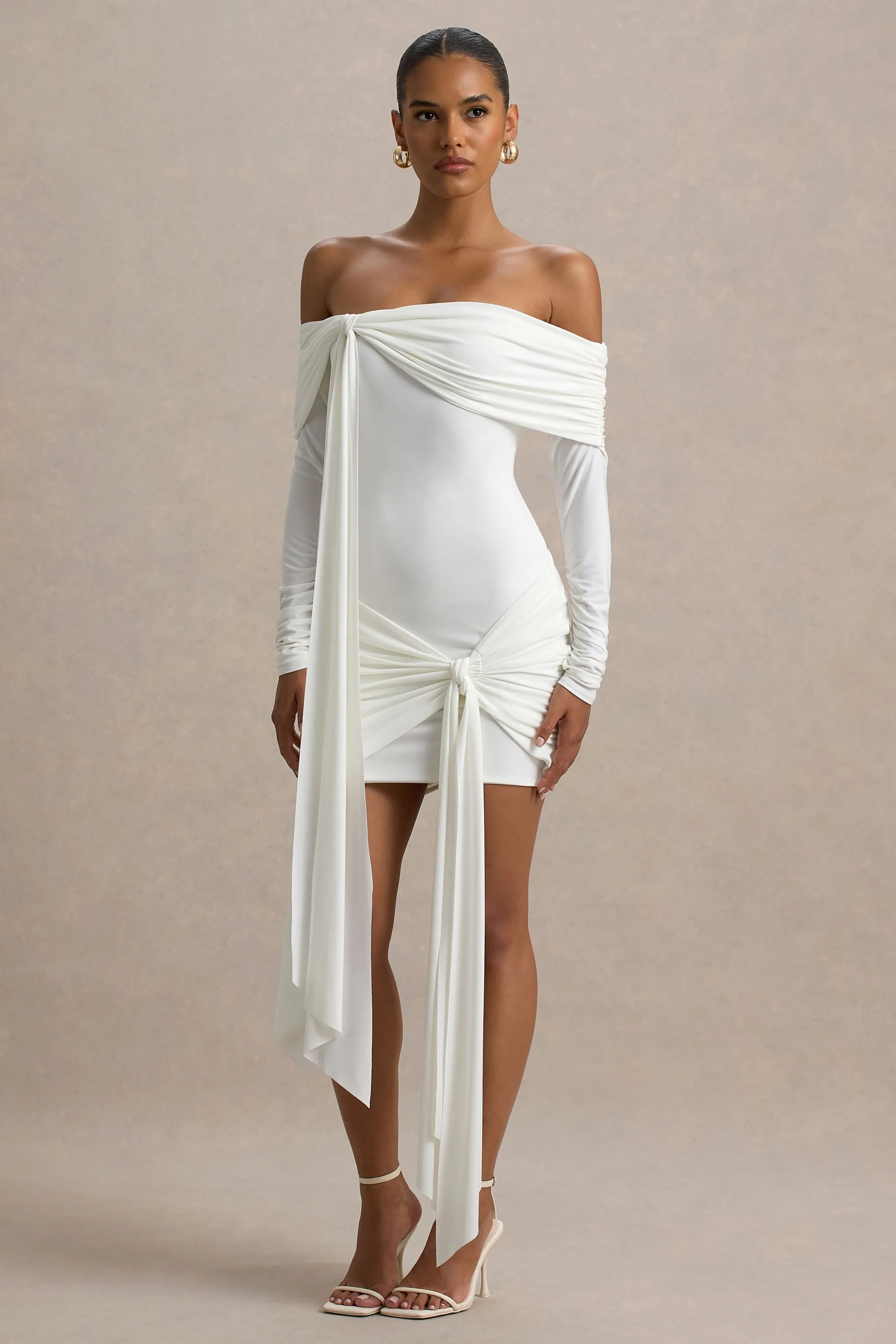 Essie | White Bardot Wrap Mini Dress With Sash Detail sold by Club L London product image thumbnail 3