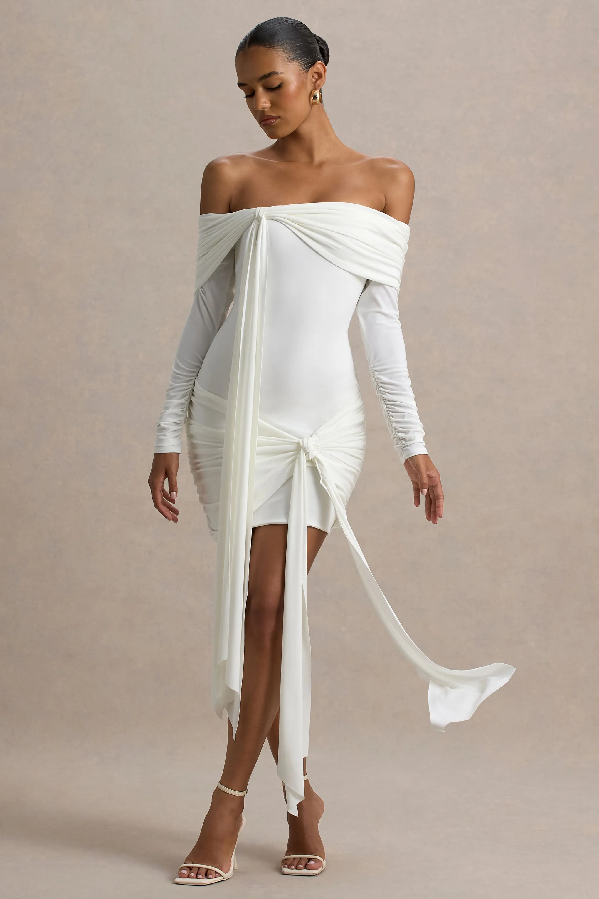 Essie | White Bardot Wrap Mini Dress With Sash Detail sold by Club L London product image thumbnail 5