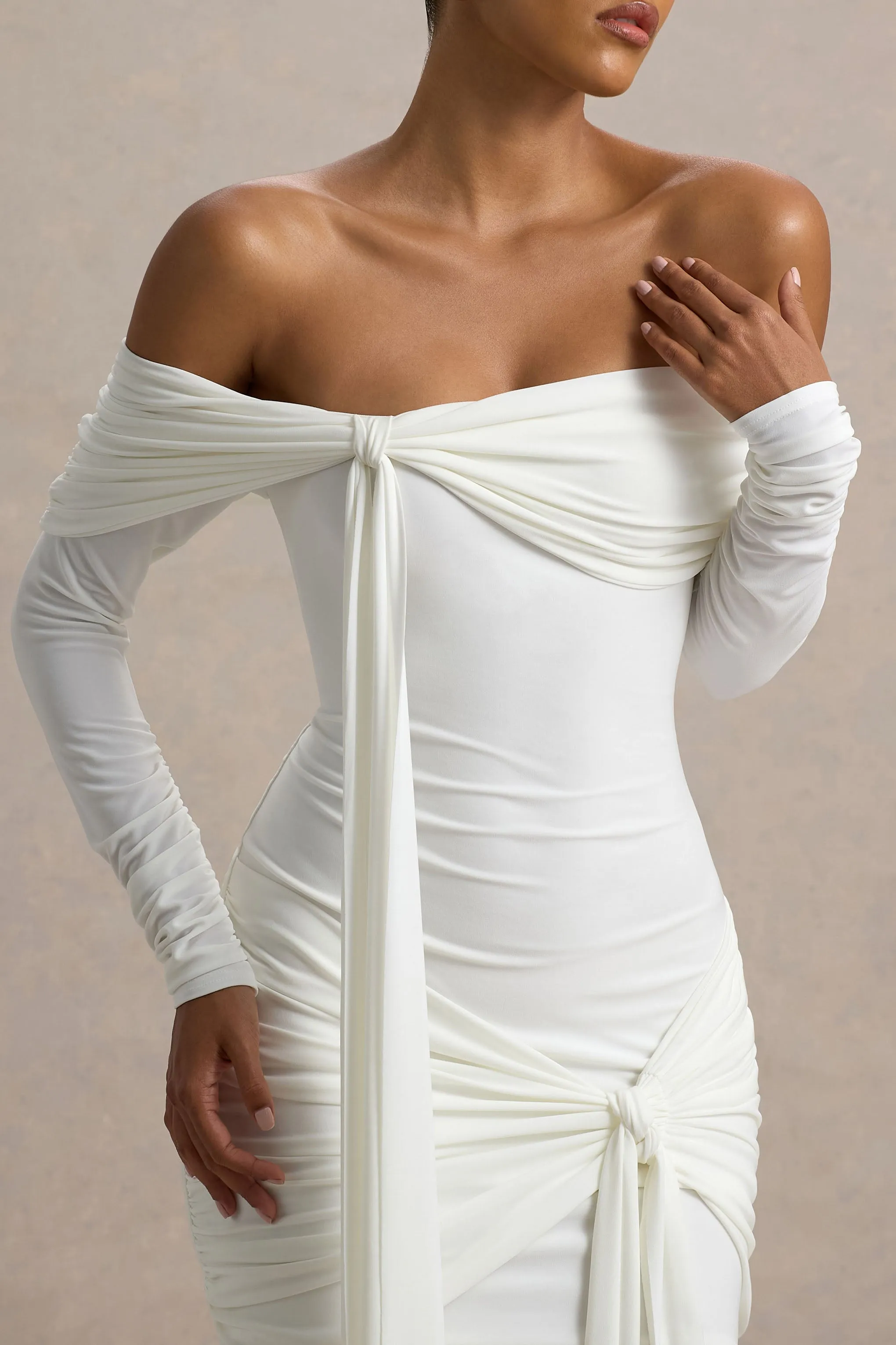 Essie | White Bardot Wrap Mini Dress With Sash Detail sold by Club L London product image thumbnail 4