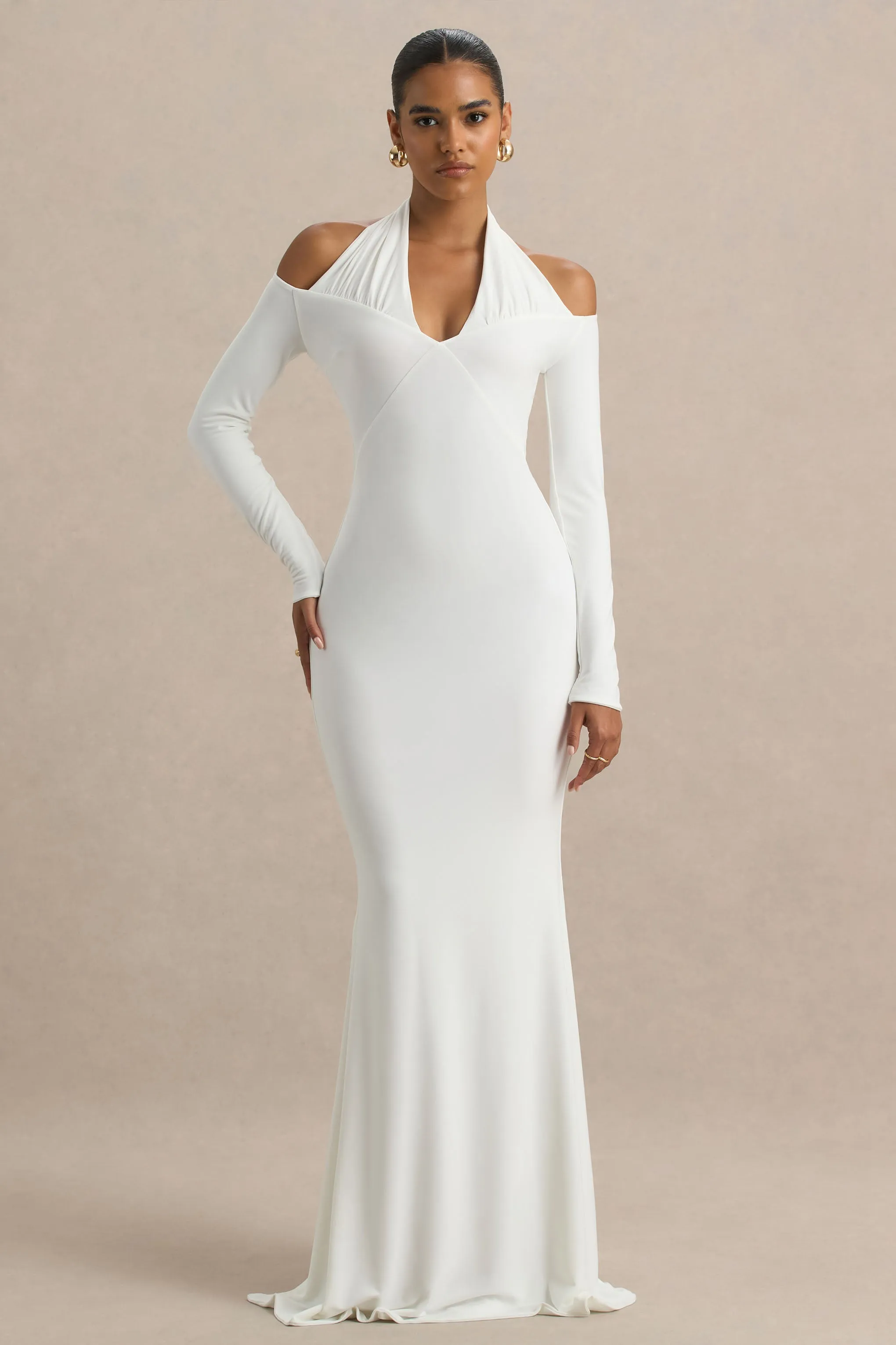 Living High | White Halter-Neck Maxi Dress With Long Sleeves sold by Club L London product image thumbnail 3
