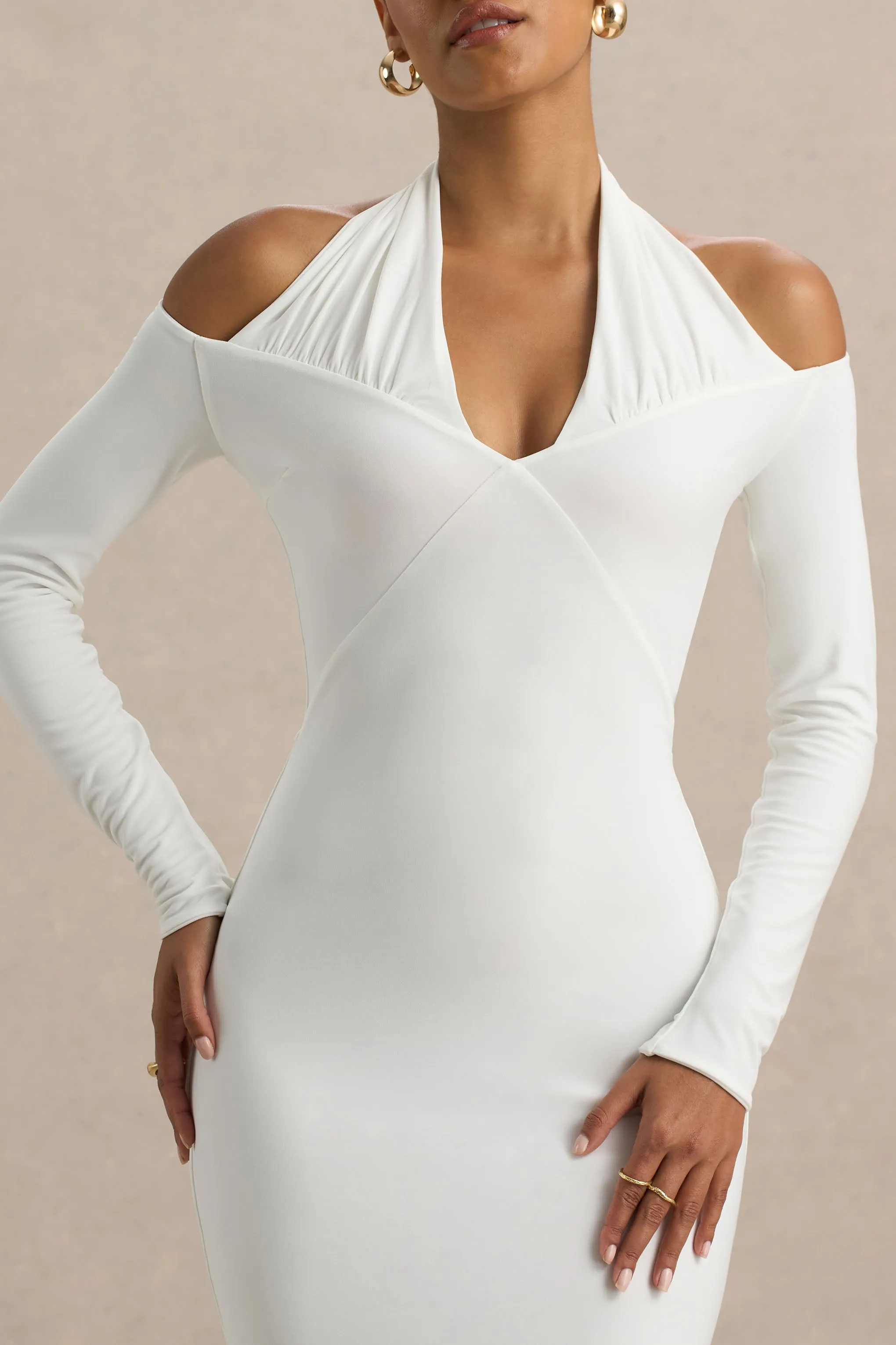 Living High | White Halter-Neck Maxi Dress With Long Sleeves sold by Club L London product image thumbnail 5