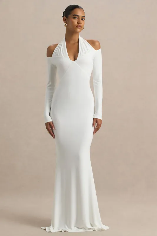 Living High | White Halter-Neck Maxi Dress With Long Sleeves sold by Club L London