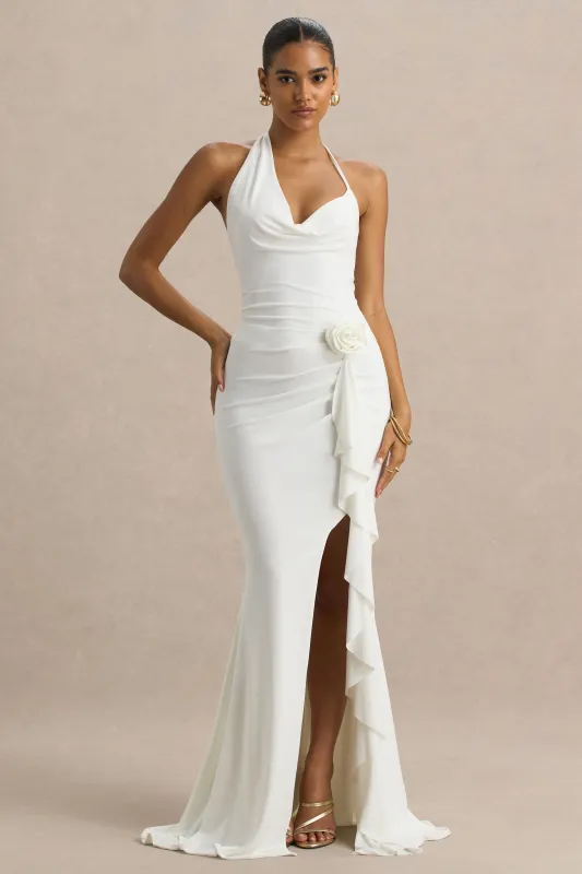 Lucena | White Cowl-Neck Maxi Dress With Corsage Detail And Front High Split sold by Club L London