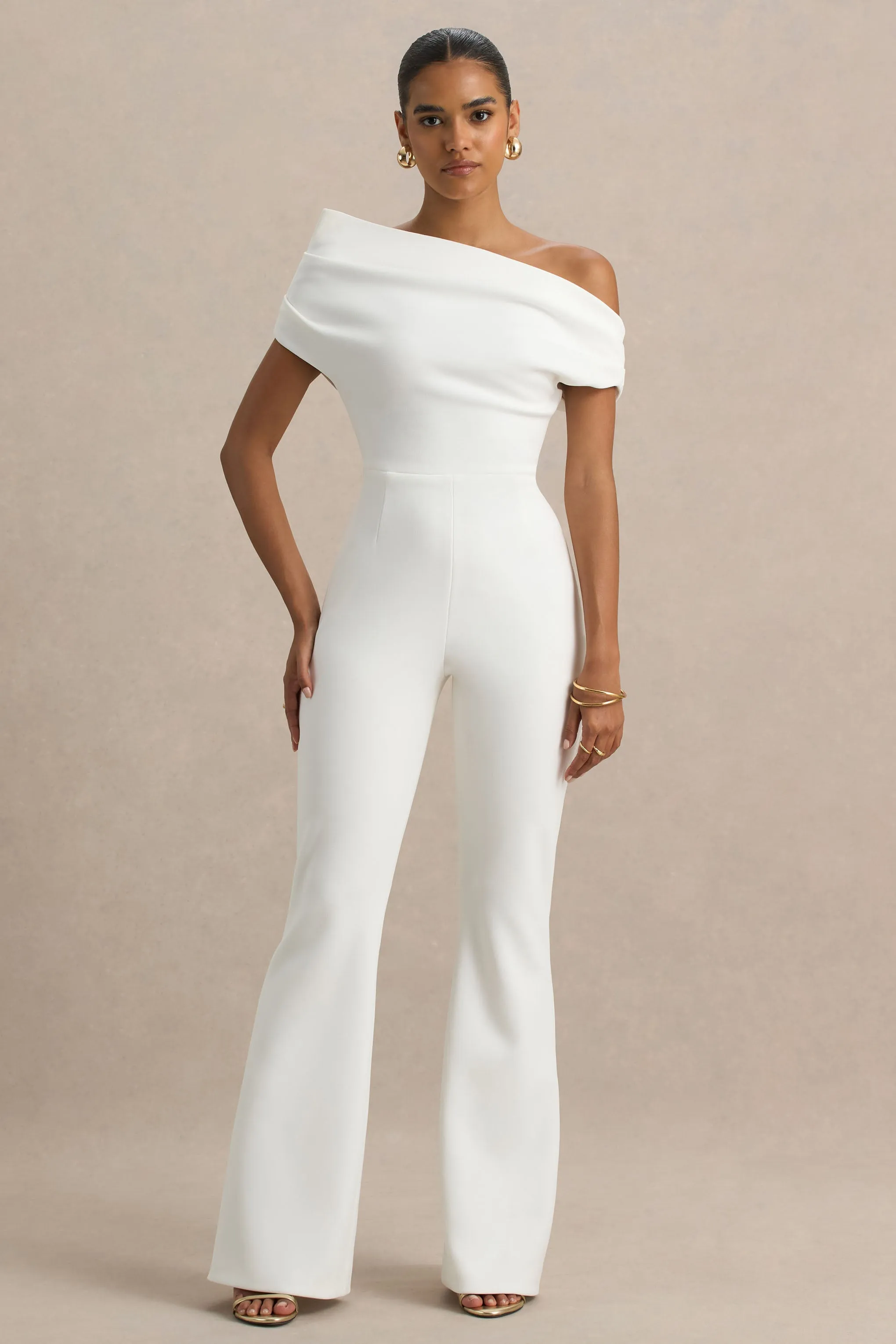 Alexandra | White Asymmetric Draped Jumpsuit sold by Club L London