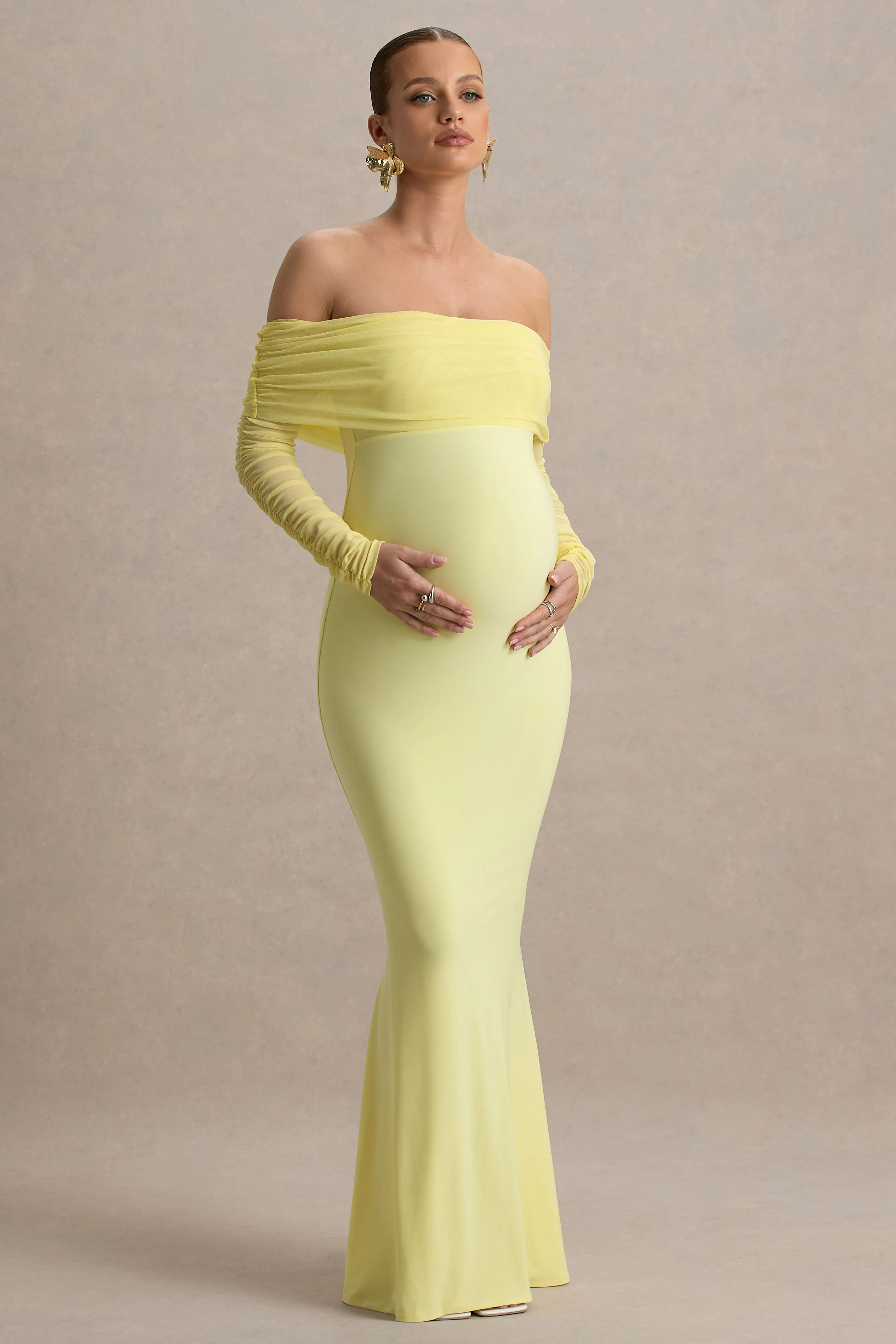 Pretty Perfect | Lemon Maternity Ruched Mesh Bardot Maxi Dres sold by Club L London product image thumbnail 5