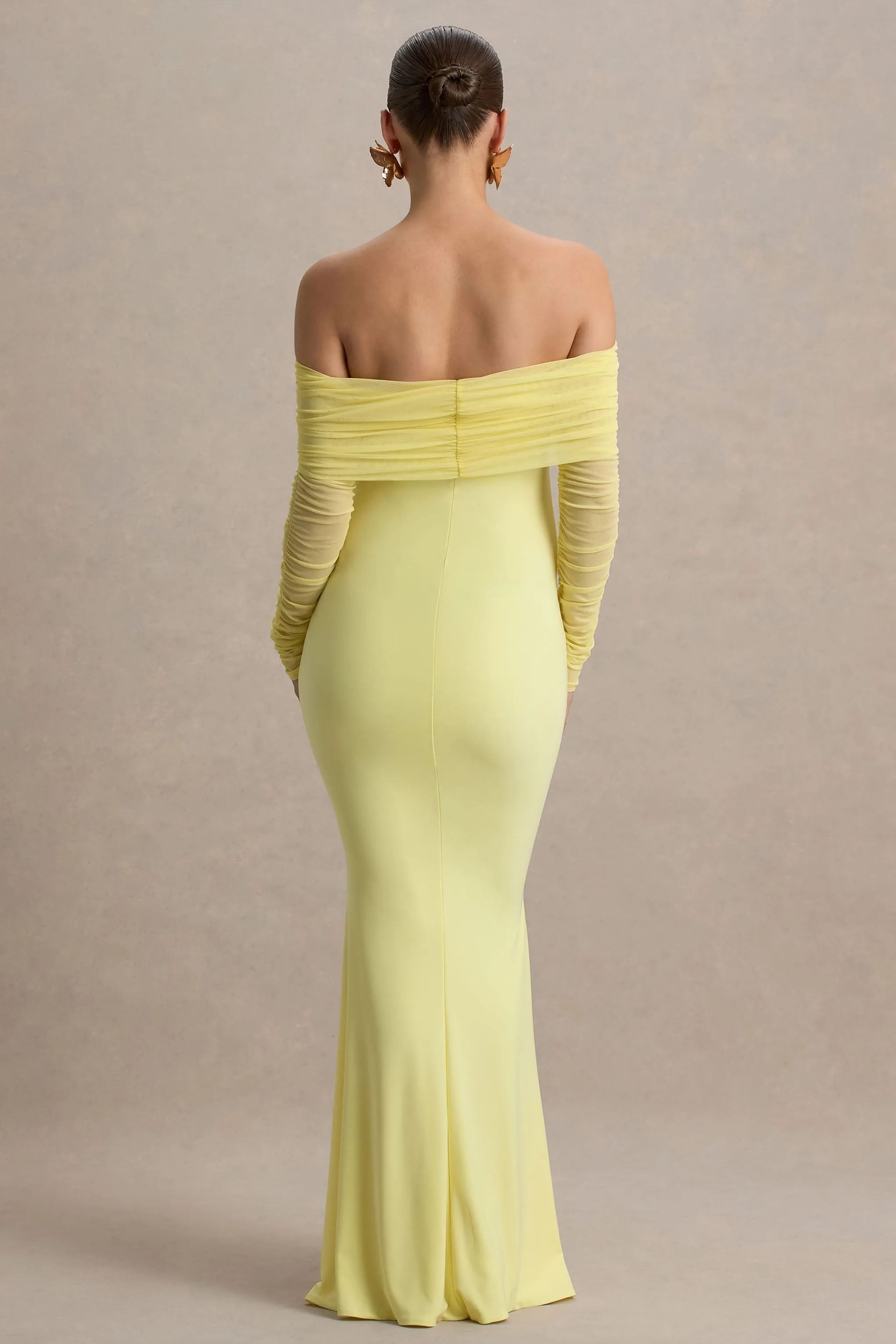 Pretty Perfect | Lemon Maternity Ruched Mesh Bardot Maxi Dres sold by Club L London product image thumbnail 2