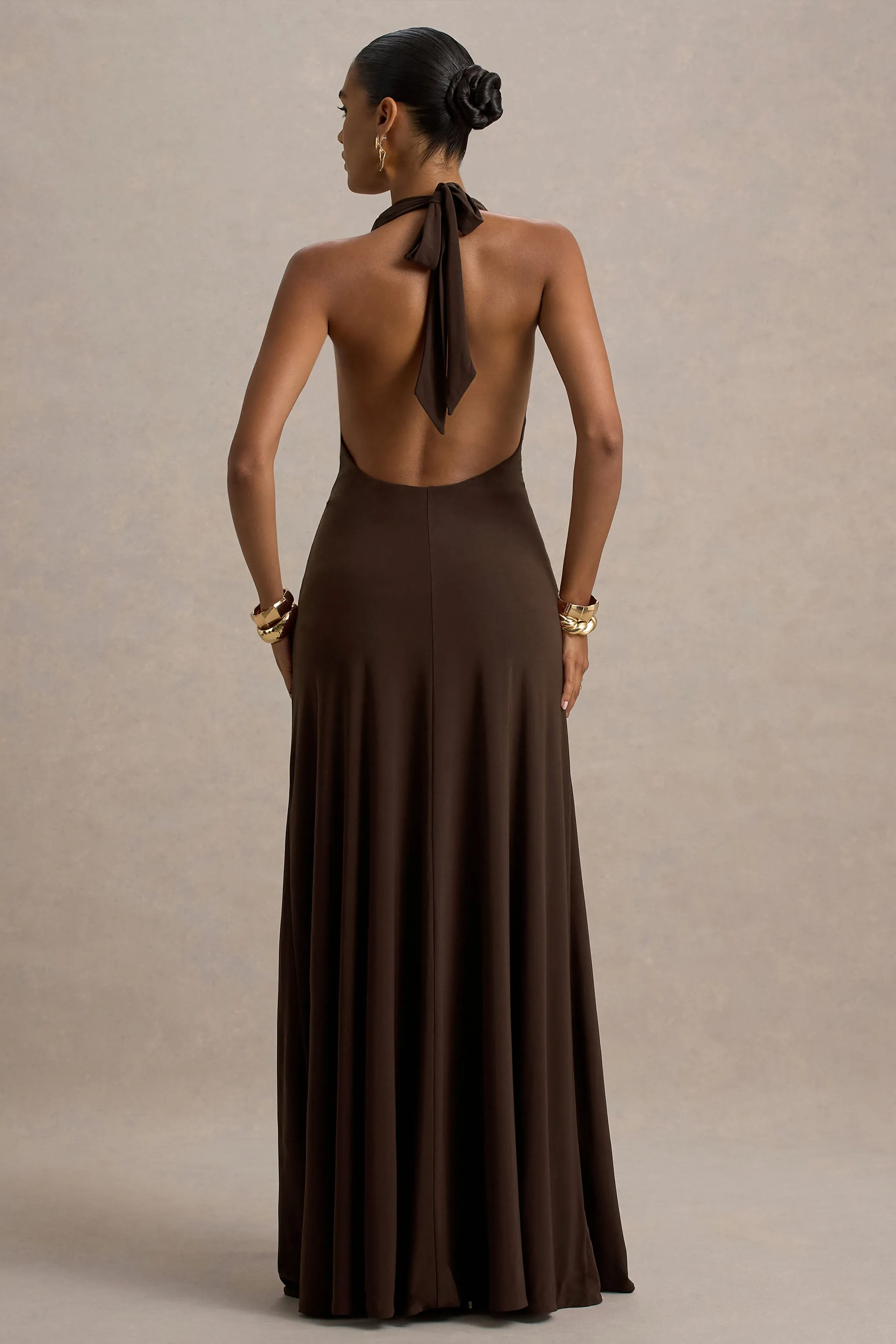 Mist | Brown Plunge-Neck Split Maxi Dress sold by Club L London product image thumbnail 2