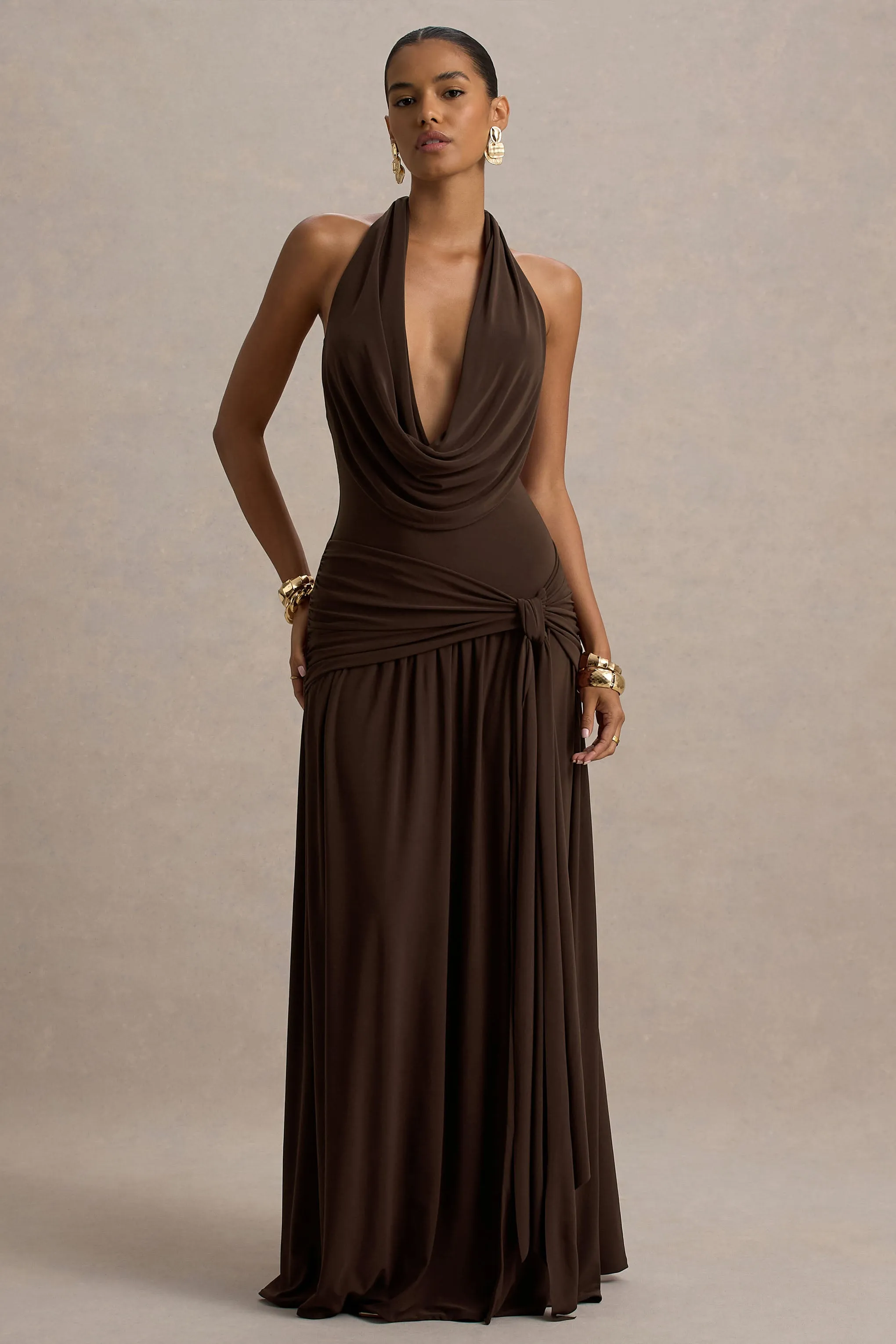 Mist | Brown Plunge-Neck Split Maxi Dress sold by Club L London product image thumbnail 5