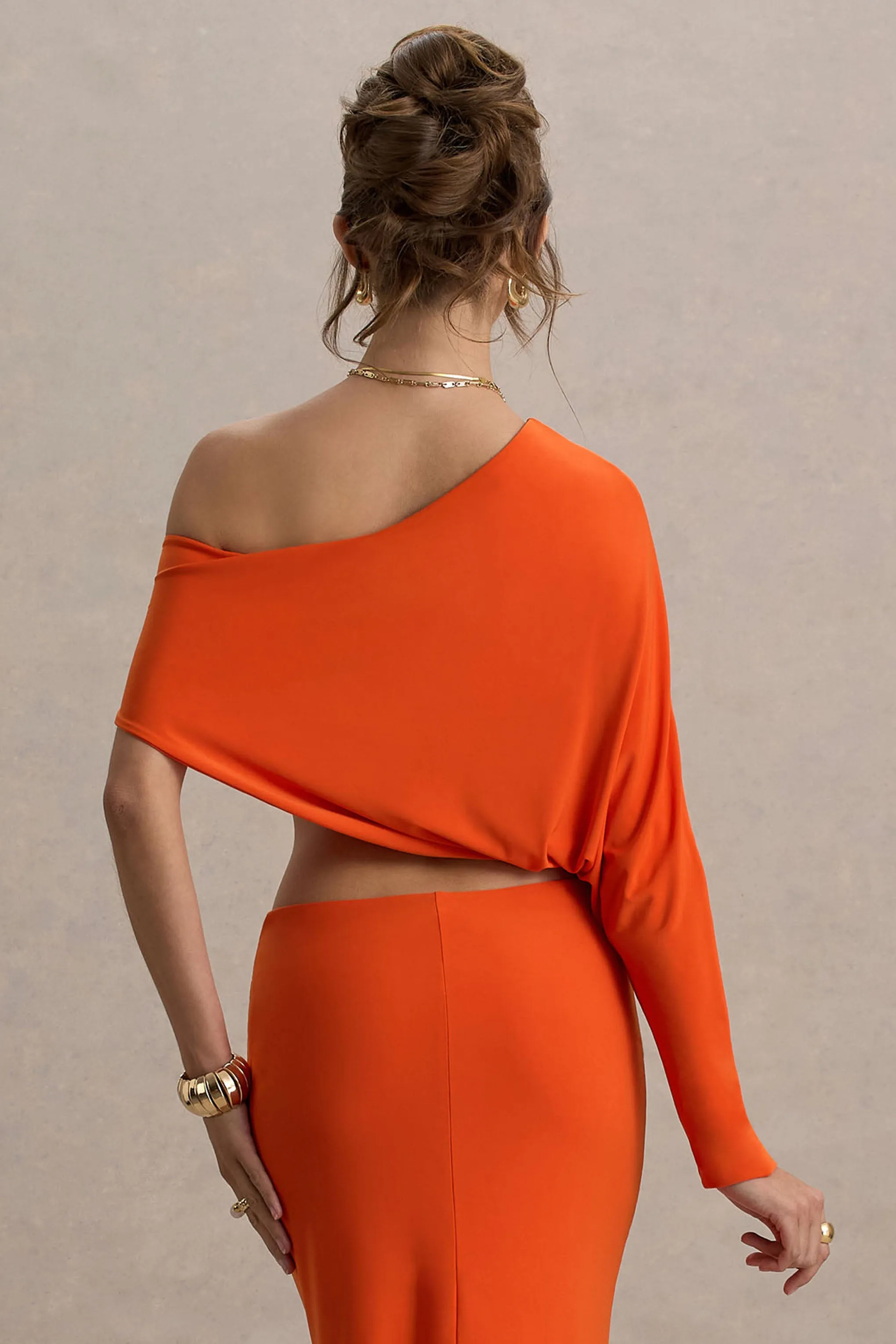 Dua | Orange Asymmetric One-Sleeve Draped Top sold by Club L London product image thumbnail 2