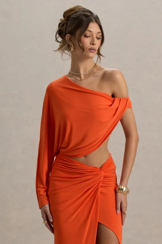 Dua | Orange Asymmetric One-Sleeve Draped Top made by Club L London