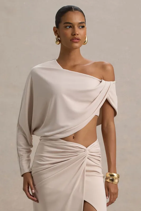 Dua | Cream Asymmetric One-Sleeve Draped Top sold by Club L London