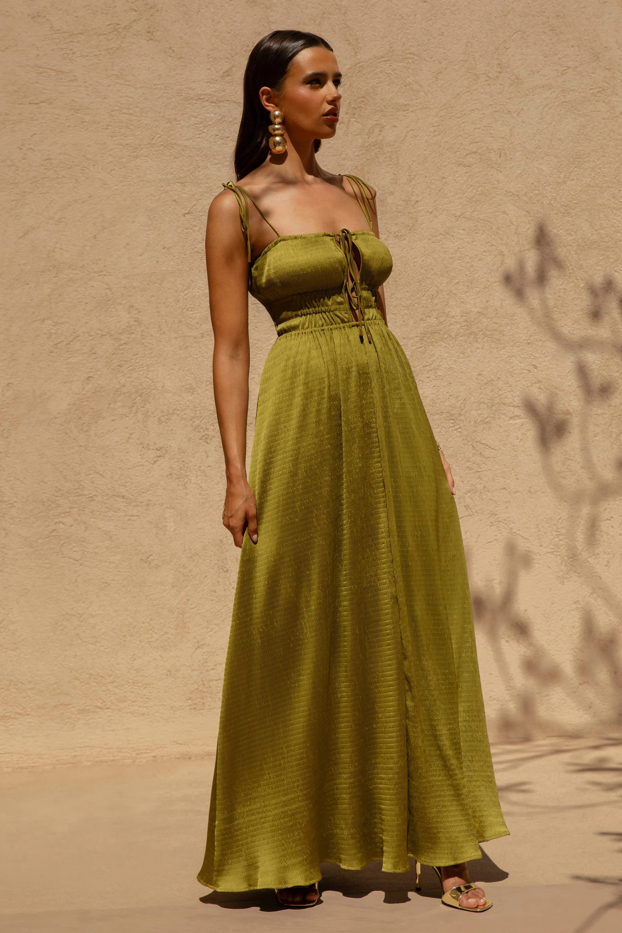 Azalea | Green Square-Neck Maxi Dress With Chest Cut-Out And Pleated Detailing sold by Club L London product image thumbnail 5
