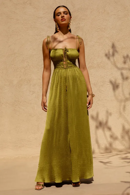 Azalea | Green Square-Neck Maxi Dress With Chest Cut-Out And Pleated Detailing sold by Club L London