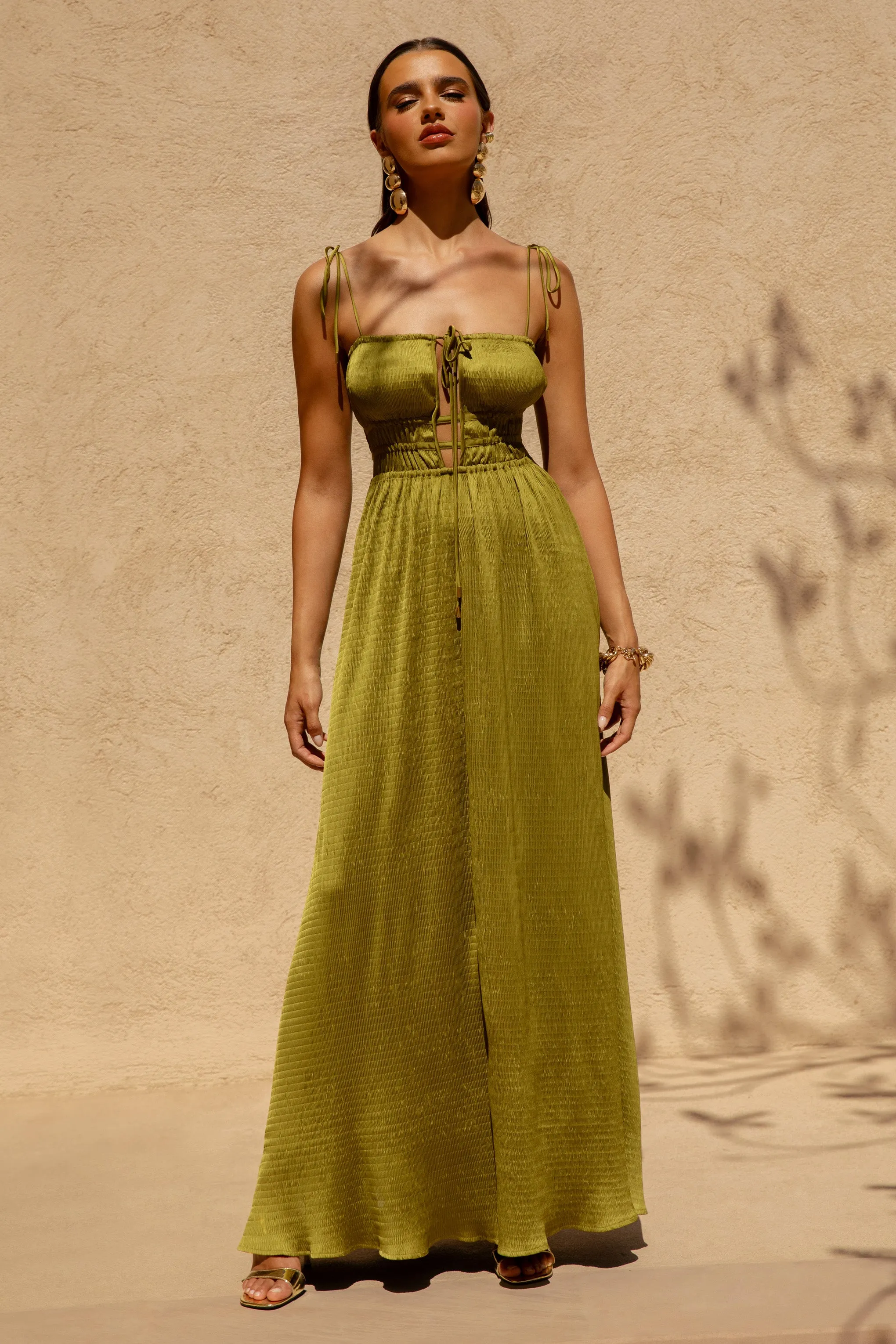Azalea | Green Square-Neck Maxi Dress With Chest Cut-Out And Pleated Detailing sold by Club L London