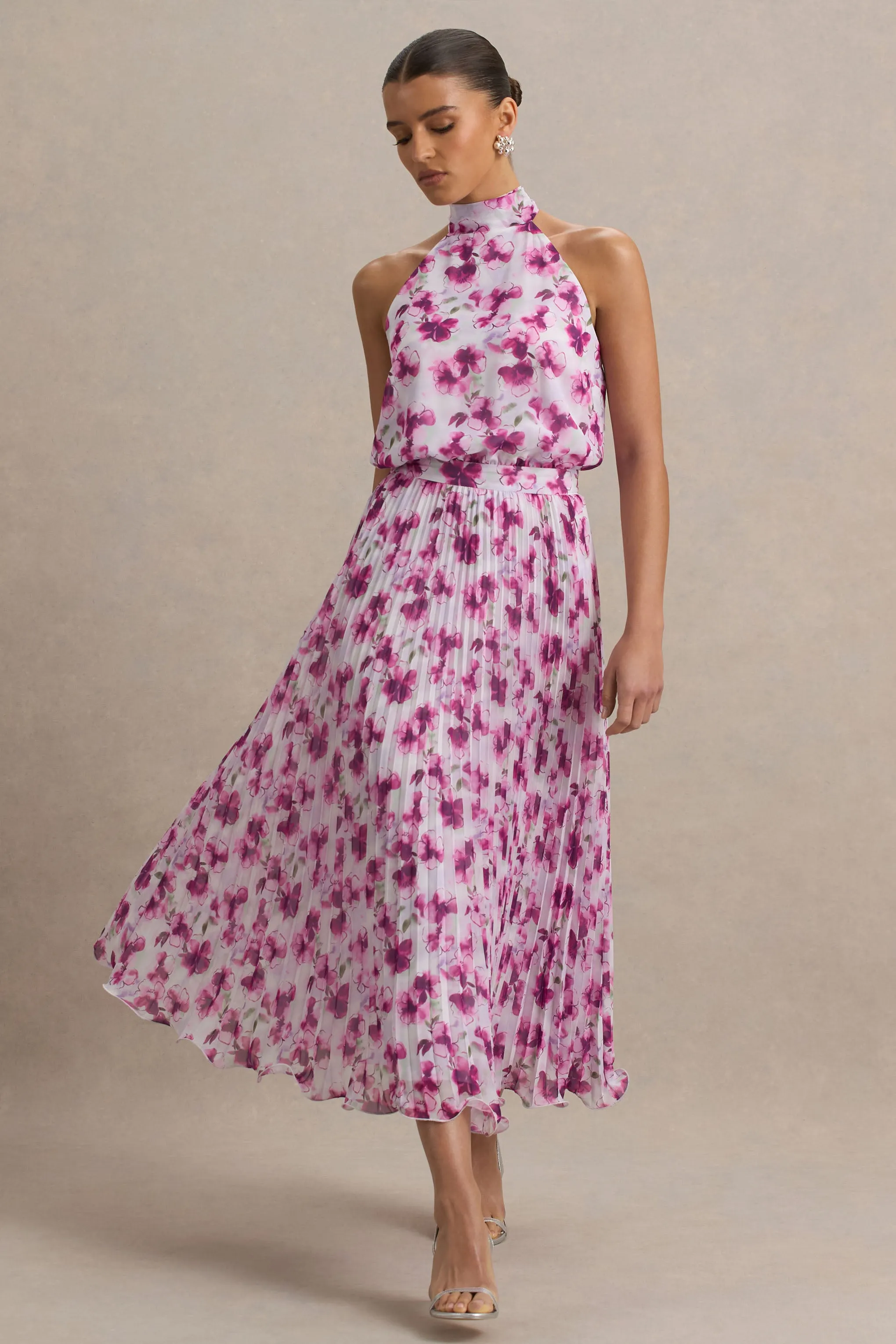 Refractive | Purple Floral Print Satin Maxi Dress With Halter-Neck and Pleated Skirt sold by Club L London product image thumbnail 5