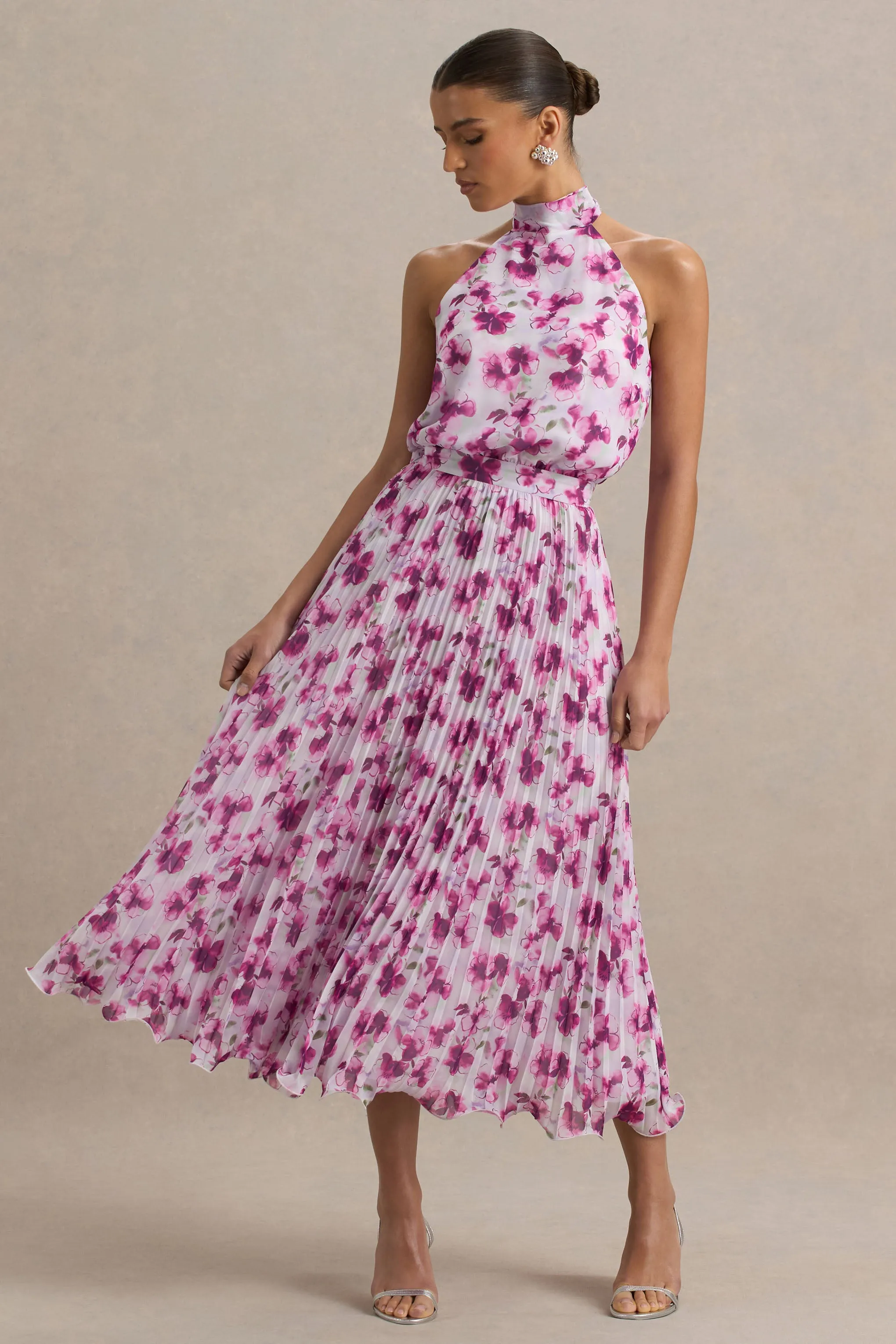 Refractive | Purple Floral Print Satin Maxi Dress With Halter-Neck and Pleated Skirt sold by Club L London product image thumbnail 4