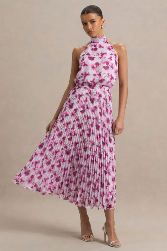 Refractive | Purple Floral Print Satin Maxi Dress With Halter-Neck and Pleated Skirt made by Club L London