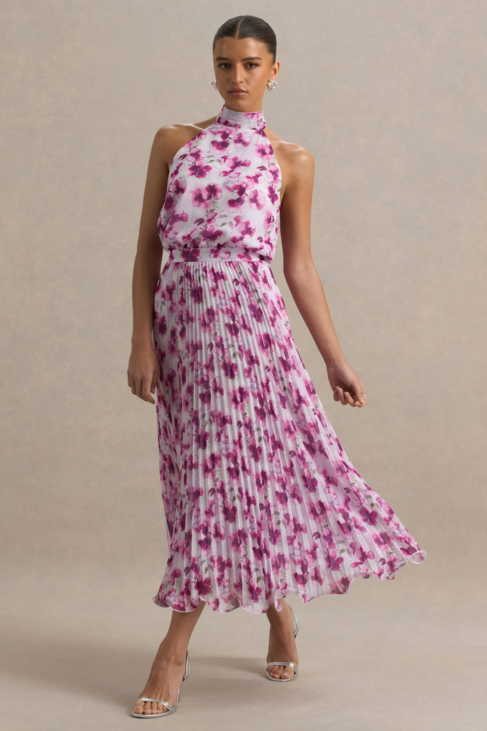 Refractive | Purple Floral Print Satin Maxi Dress With Halter-Neck and Pleated Skirt sold by Club L London product image thumbnail 3