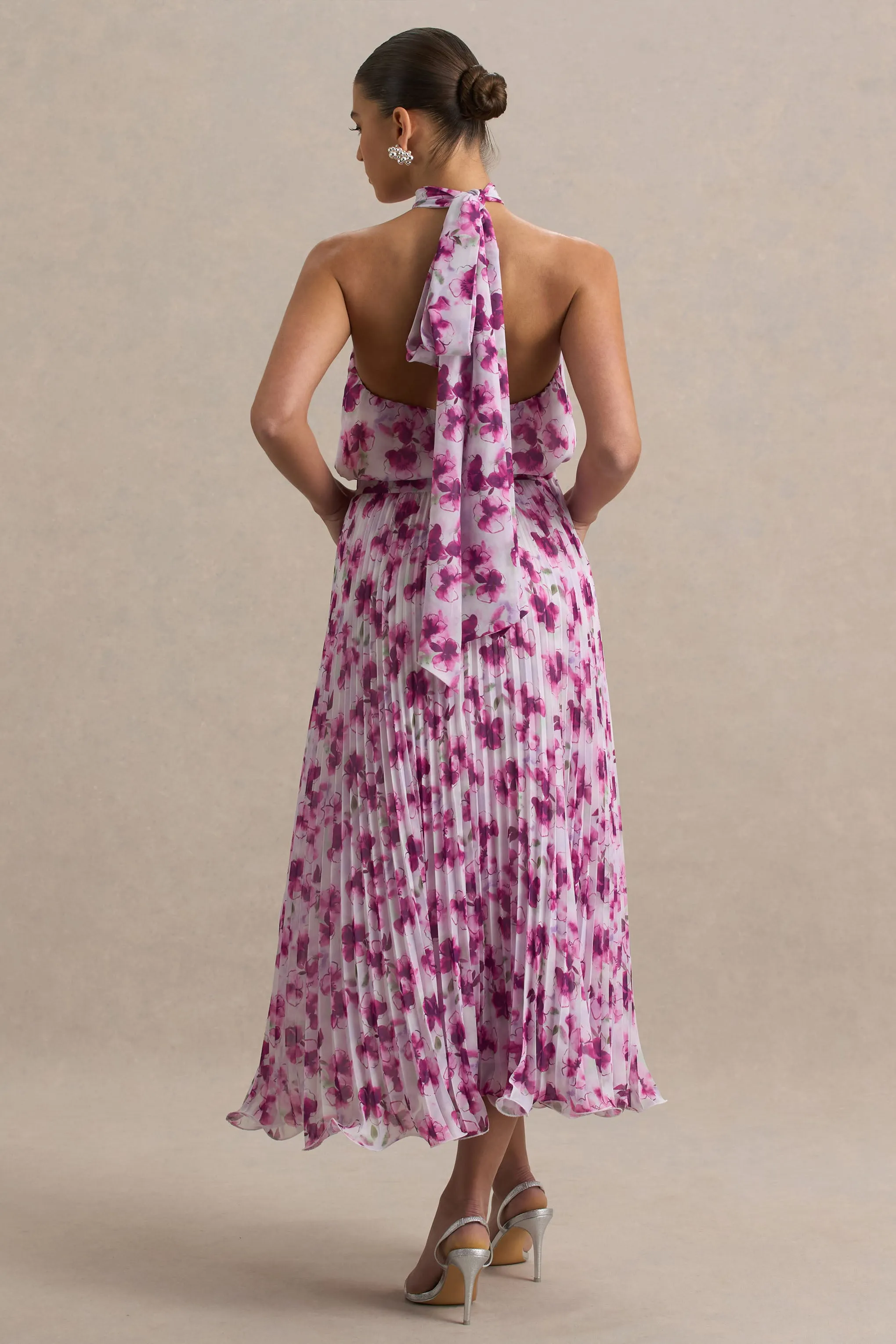 Refractive | Purple Floral Print Satin Maxi Dress With Halter-Neck and Pleated Skirt sold by Club L London product image thumbnail 2