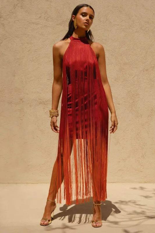 Alessia | Orange Ombre Fringe High-Neck Maxi Dress sold by Club L London