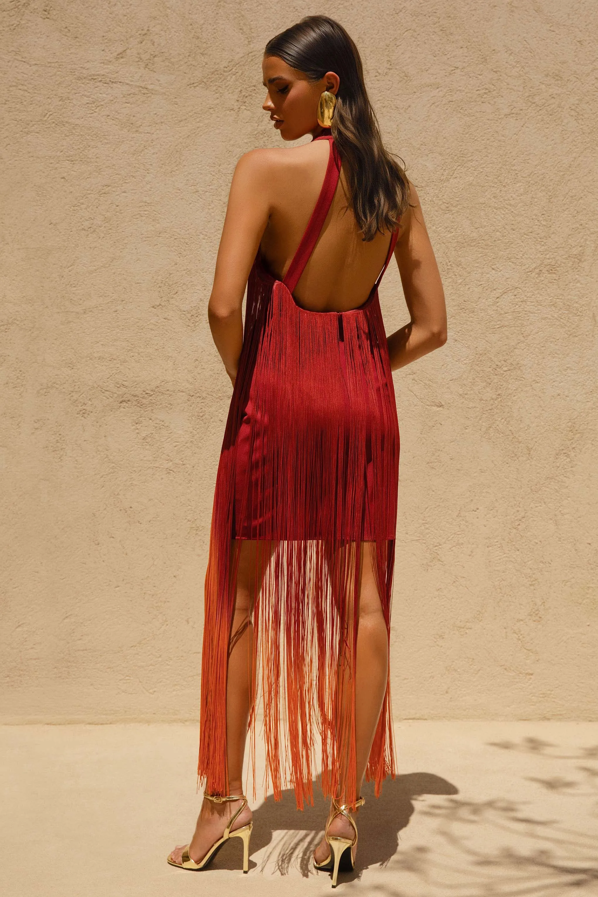 Alessia | Orange Ombre Fringe High-Neck Maxi Dress sold by Club L London product image thumbnail 2