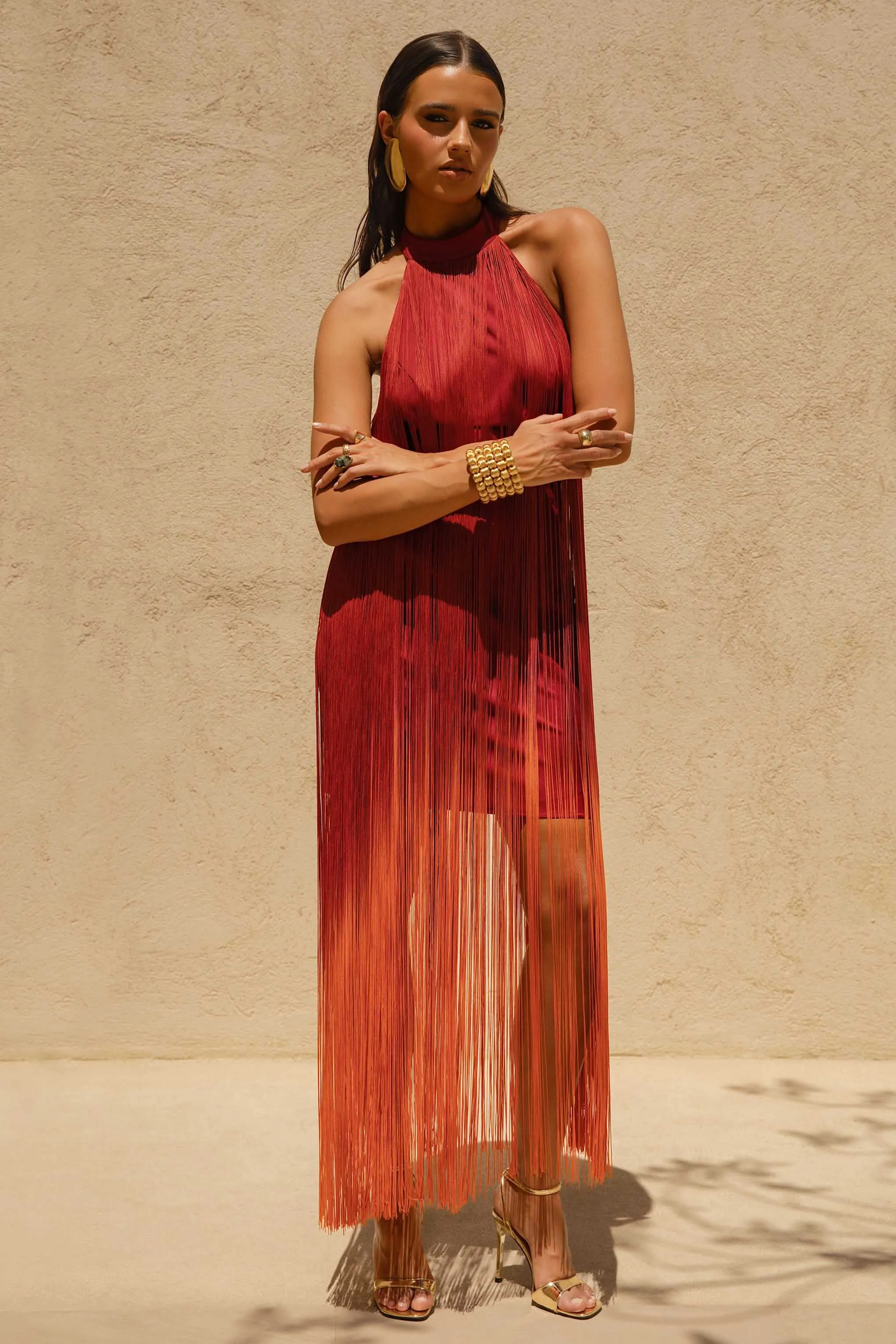 Alessia | Orange Ombre Fringe High-Neck Maxi Dress sold by Club L London product image thumbnail 5