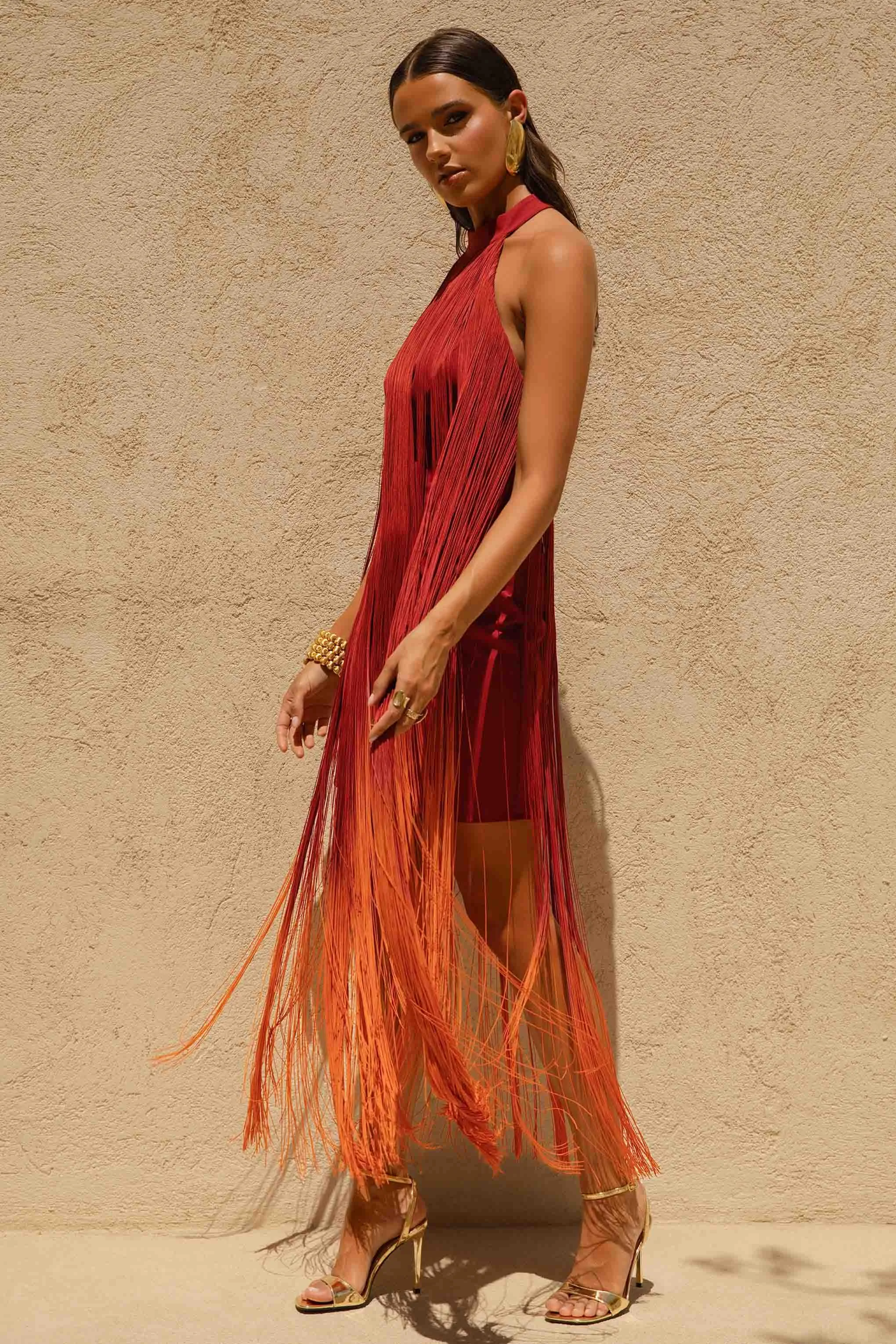 Alessia | Orange Ombre Fringe High-Neck Maxi Dress sold by Club L London product image thumbnail 3