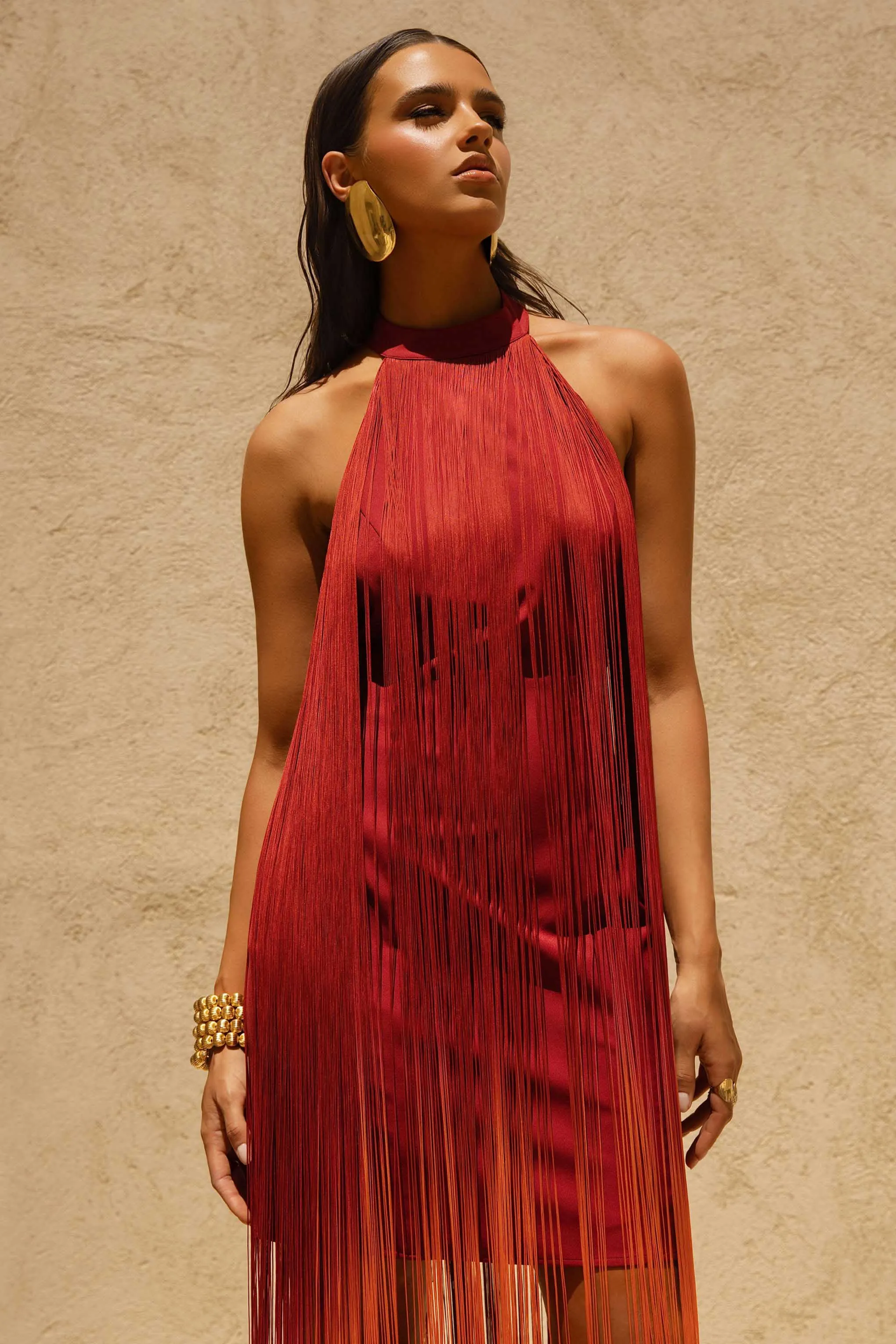 Alessia | Orange Ombre Fringe High-Neck Maxi Dress sold by Club L London product image thumbnail 4