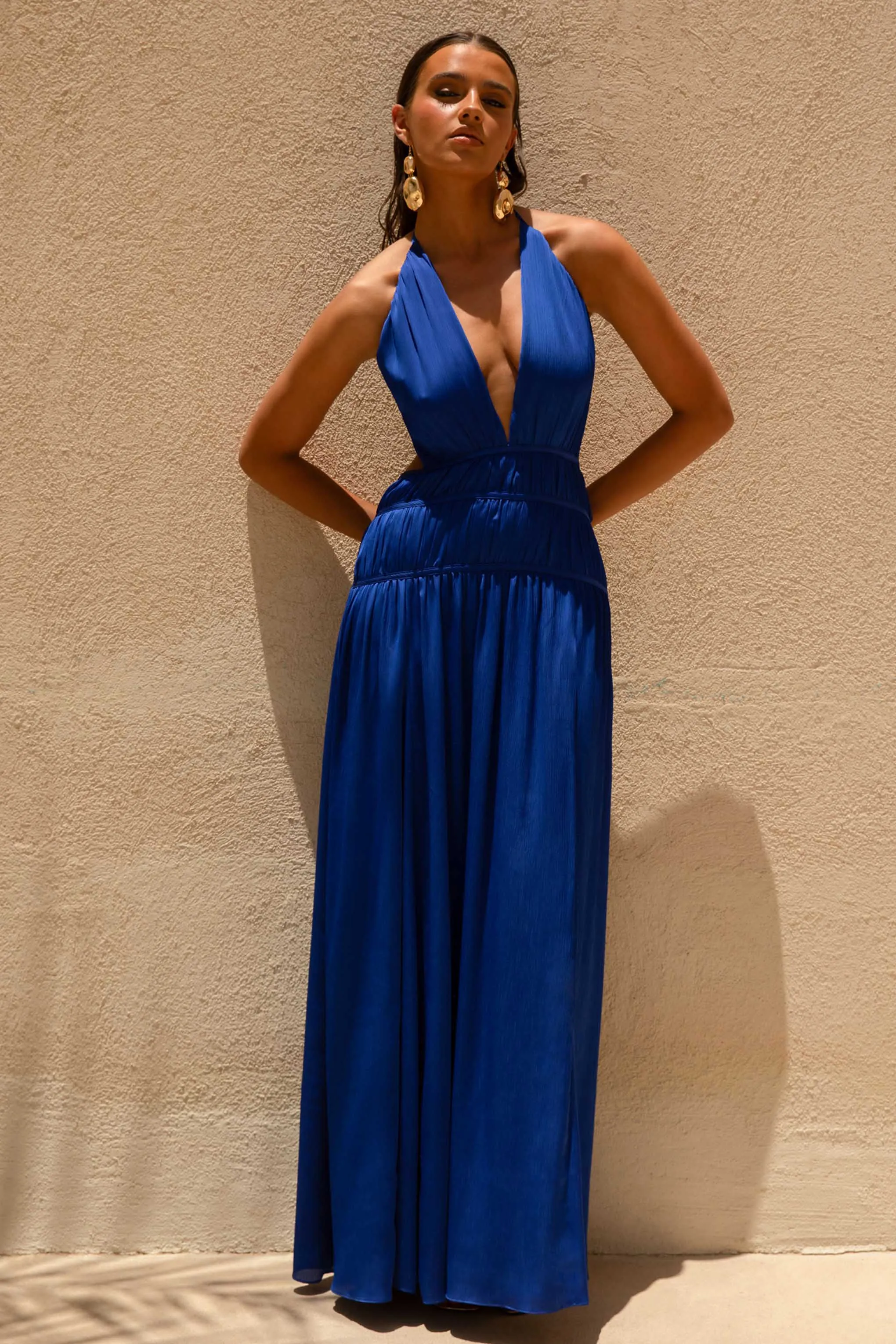Pacific | Blue Halter-Neck Maxi Dress with Open-Back sold by Club L London