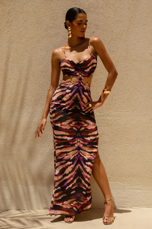 Roxana | Zebra Print Square Neck Maxi Dress With Open-Back sold by Club L London