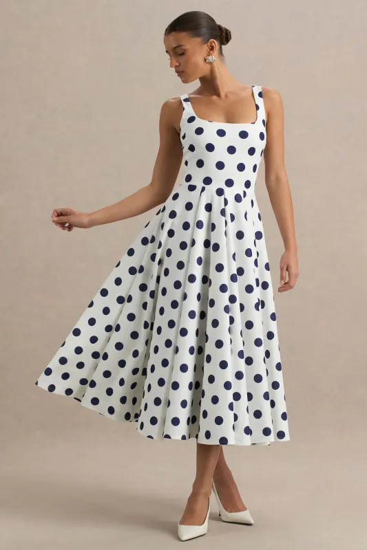 Berta | White And Navy Polka-Dot Square-Neck Midi Dress sold by Club L London