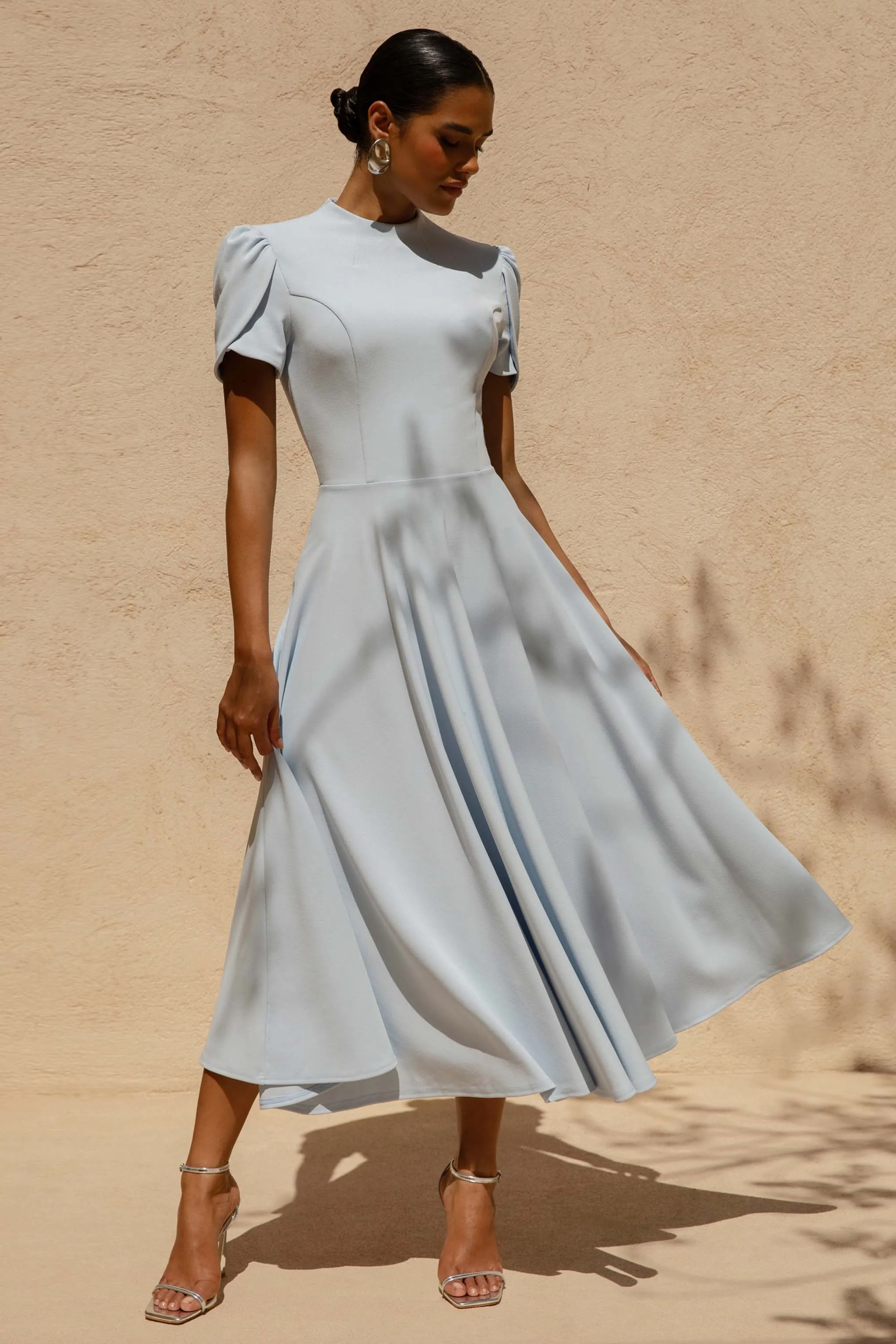 Vicky | Powder Blue High Neck Midi Dress With Puff Sleeves sold by Club L London